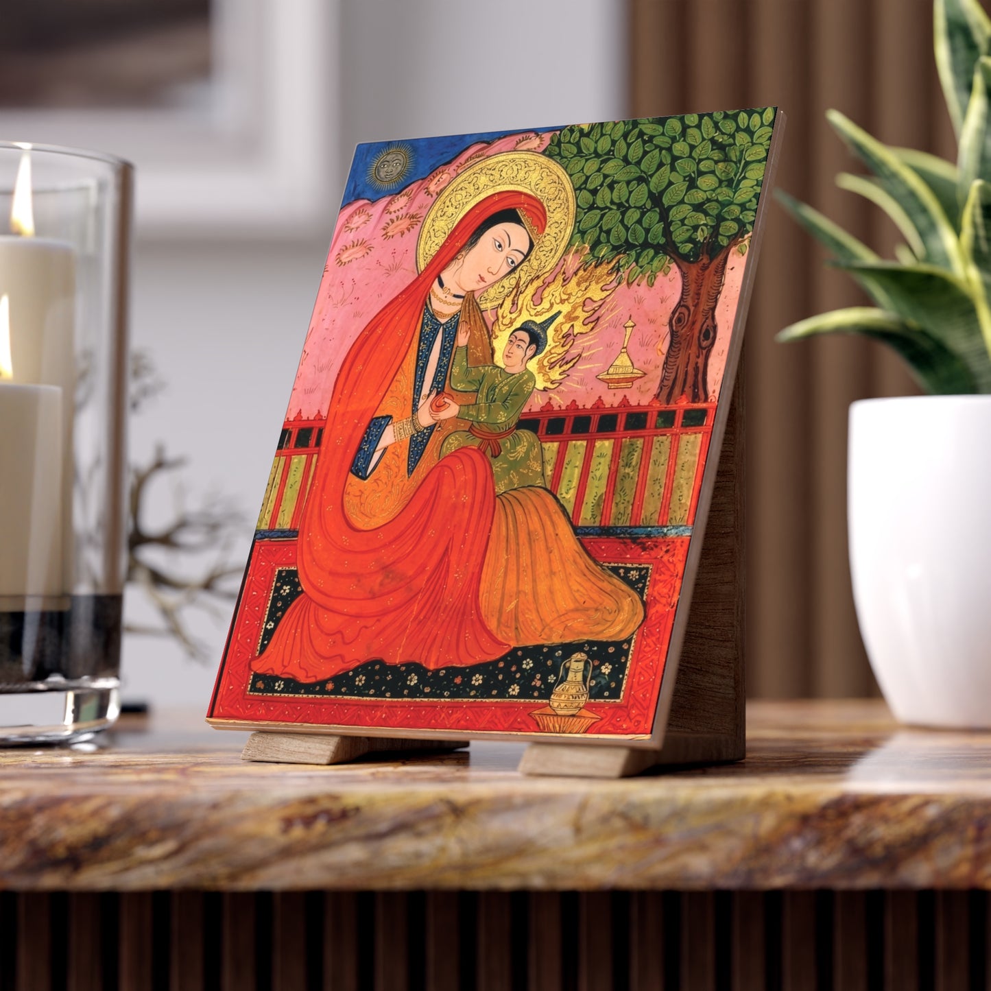 16th-Century Persian Miniature Madonna and Child Devotional Ceramic Tile (6×8 inches)