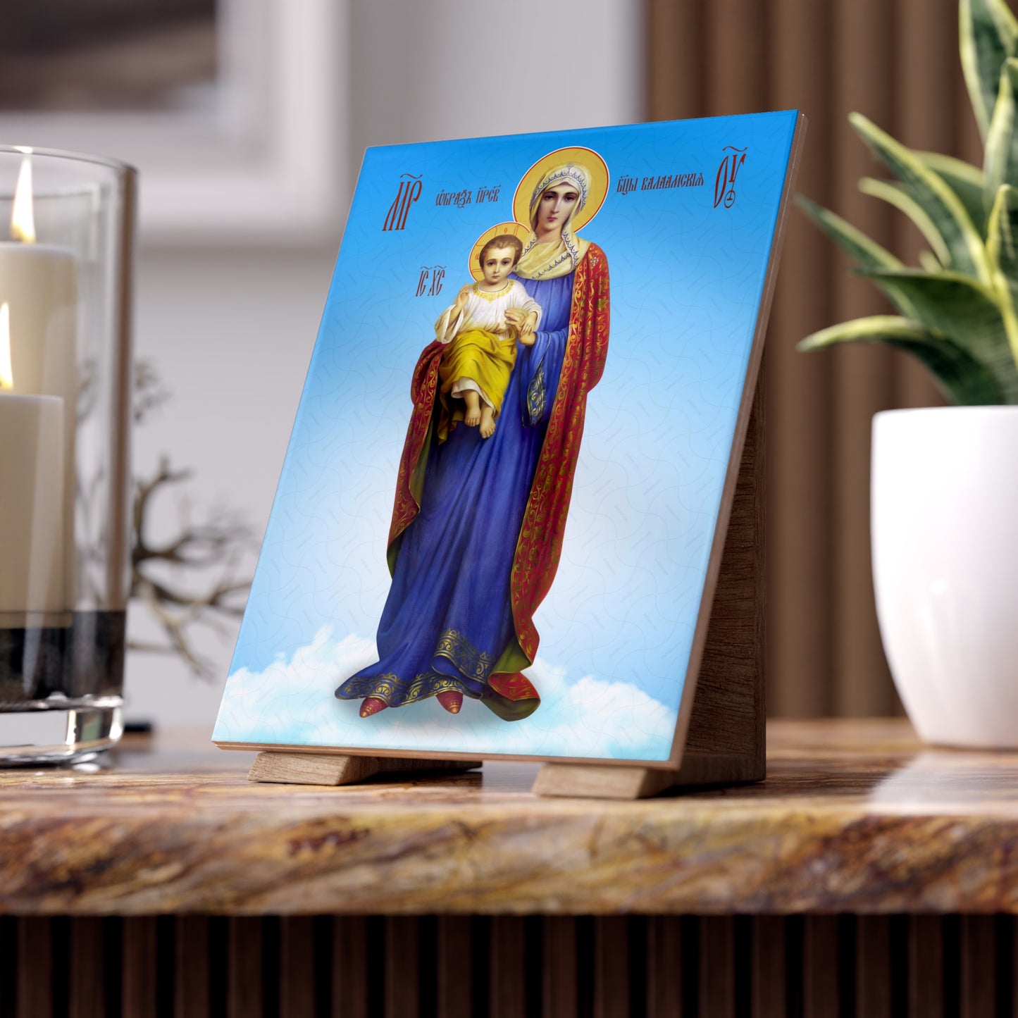 Icon of the Mother of God "Valaamskaya" Select Wood Plaque, Ceramic Icon Tile, or Aluminum Board in multiple sizes. Our Lady Virgin Mary