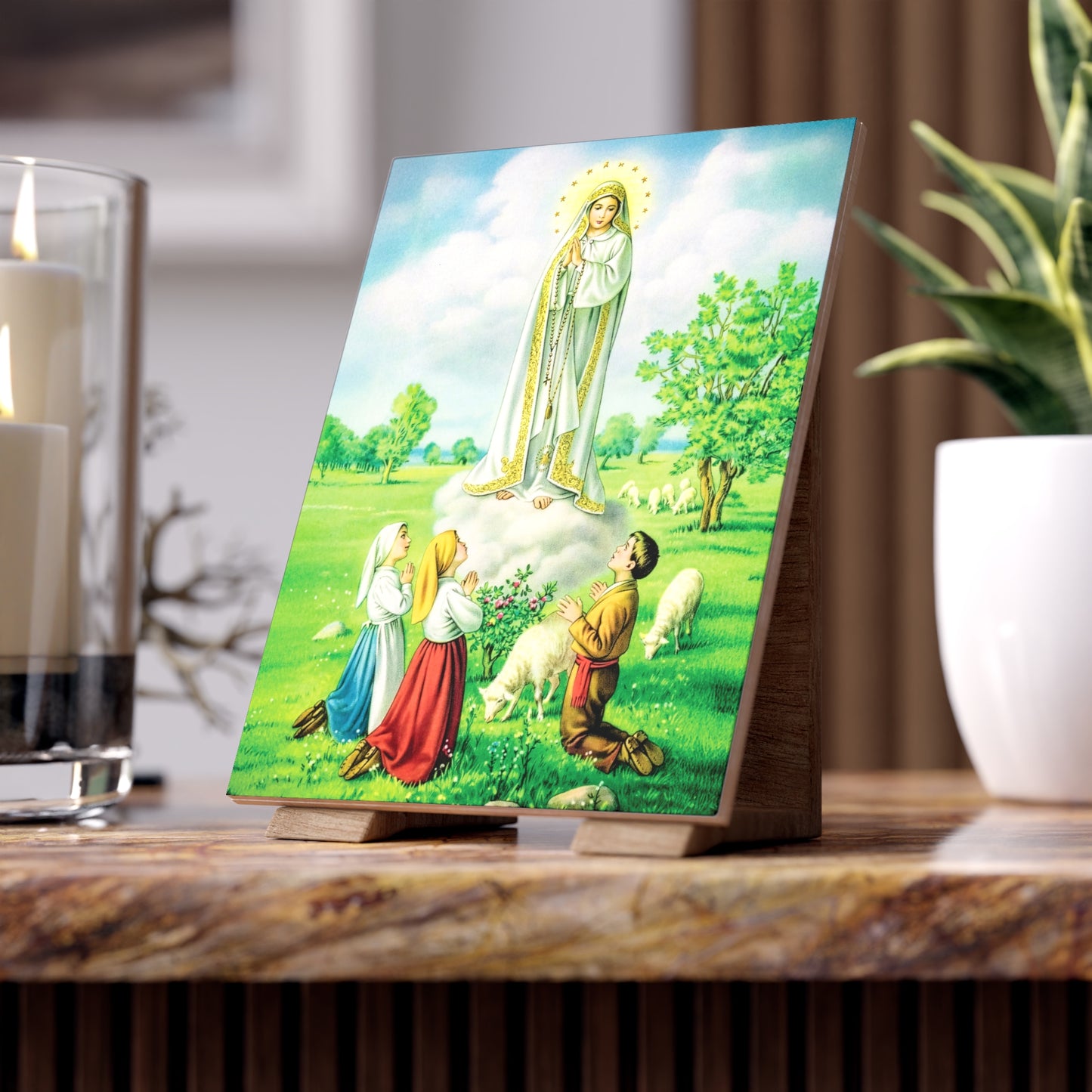 Our Lady of Fatima Apparition with the Shepherd Children – Catholic Marian Image on Ceramic Tile (6×8)