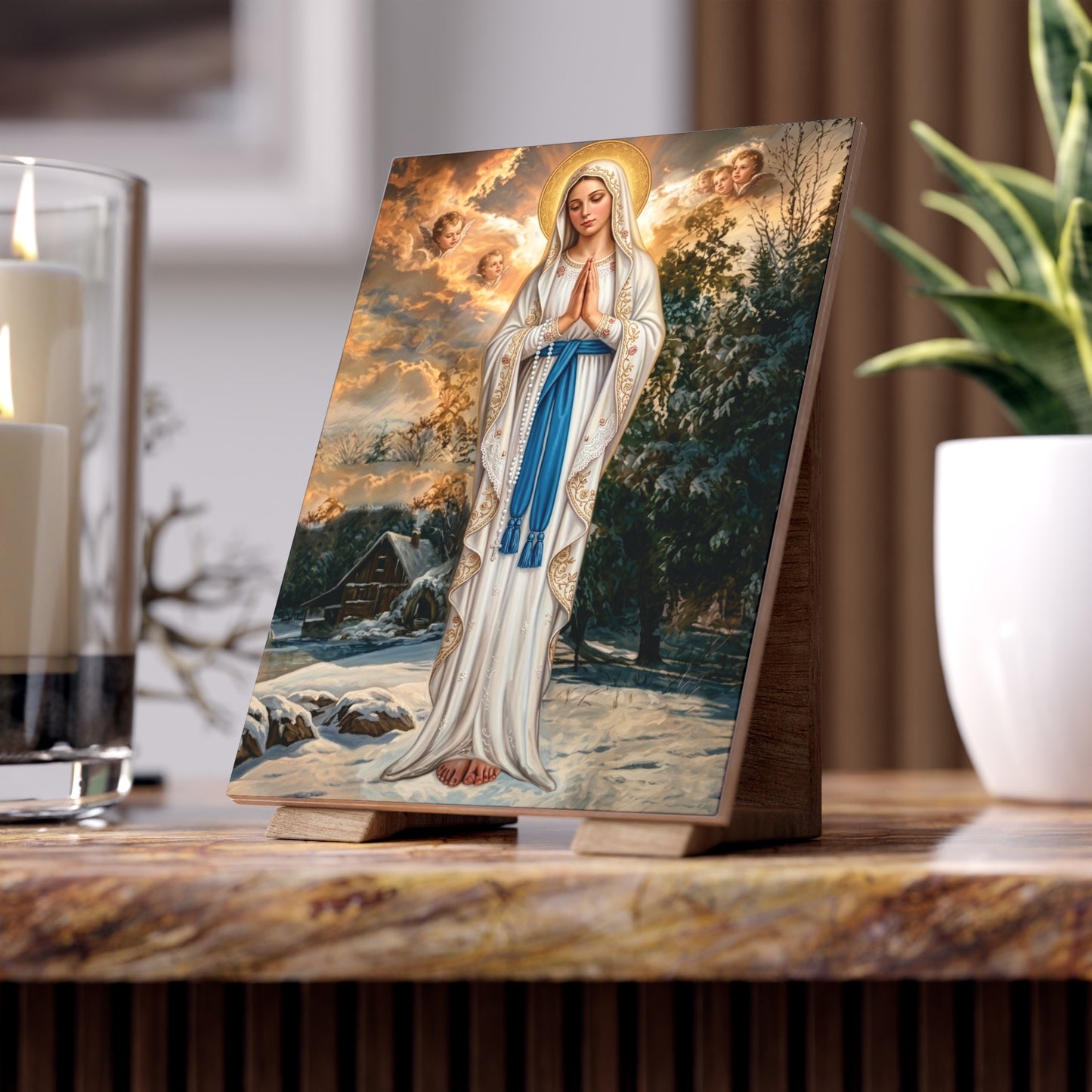 Our Lady of Banneux Ceramic Devotional Tile (6×8 inches) Belgium - The Virgin of the Poor