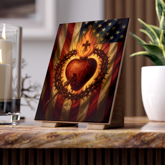 Sacred Heart of Jesus Consecration of America Devotional Ceramic Icon Tile (6×8 inches)