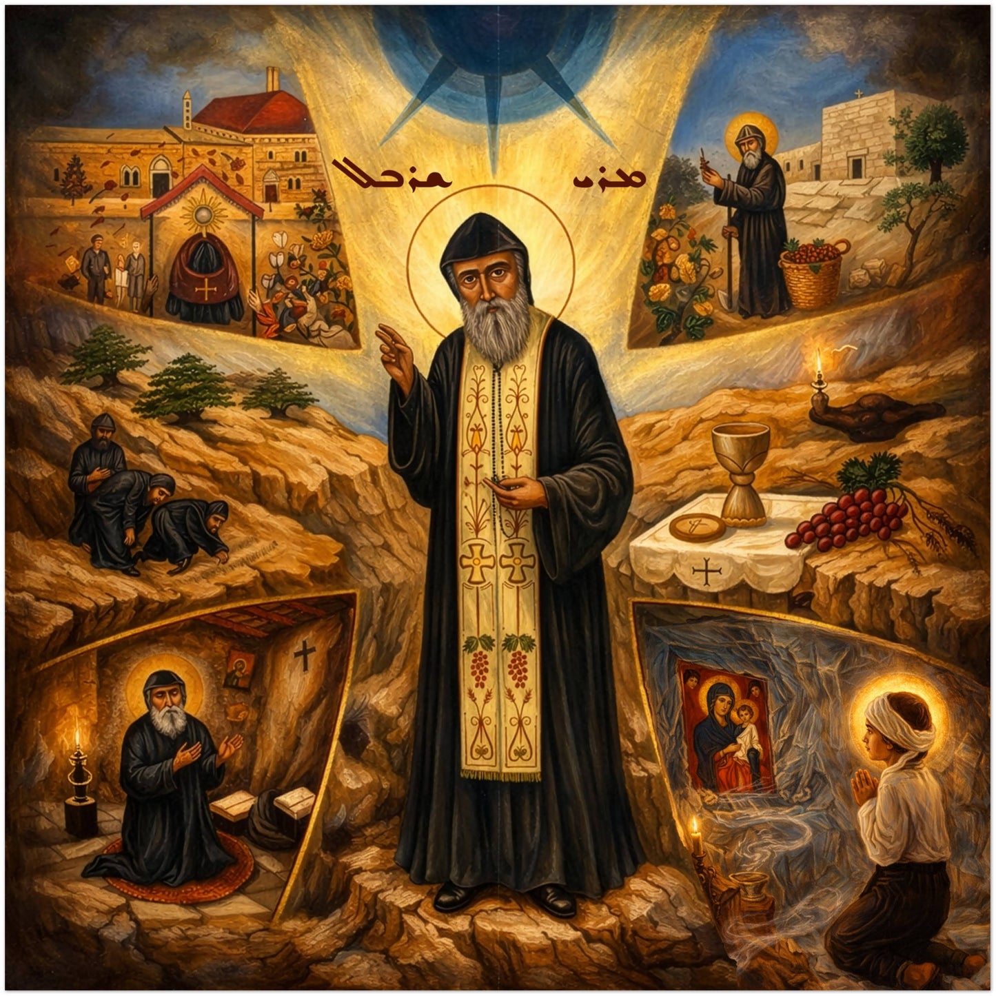 Saint Charbel Makhlouf – Life of Holiness Icon | Maronite Saint Story Icon on Plaque