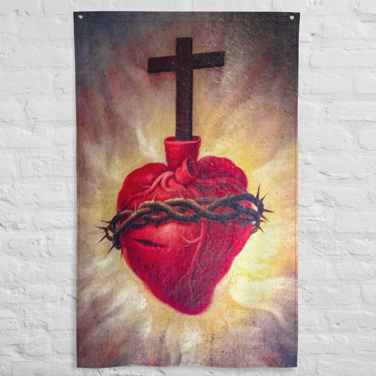 Sacred Heart in Baroque Oil Painting Flag vertical ✠ 34½ x 56 inches (87.6x142.2 cm)