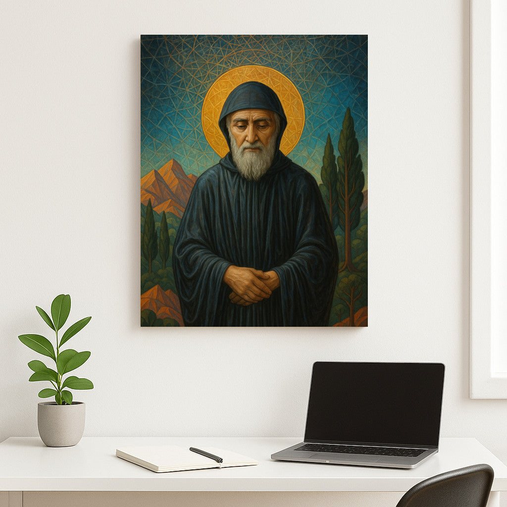 Contemporary Icon of St. Charbel on Wooden Plaque