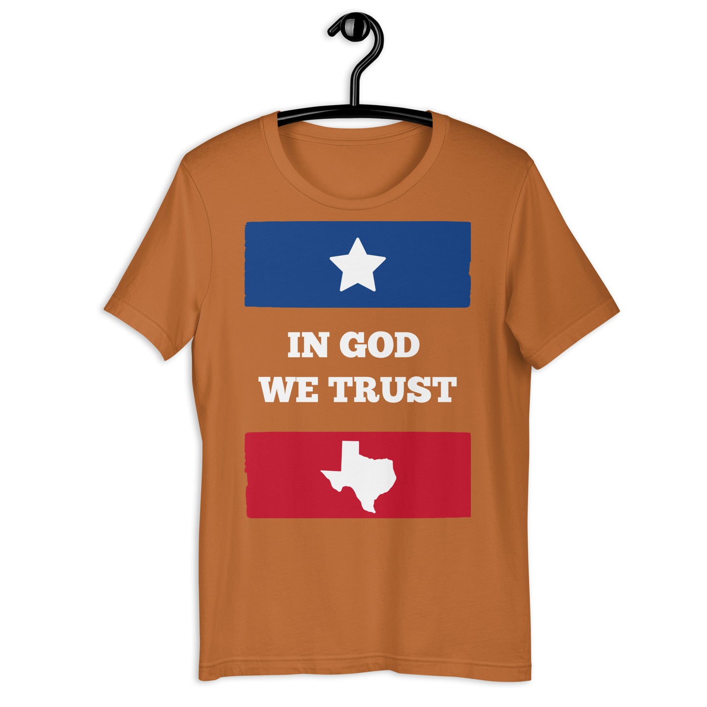 In God We Trust National Motto Don't Mess With Texas Star and Map red with blue logo Unisex t-shirt