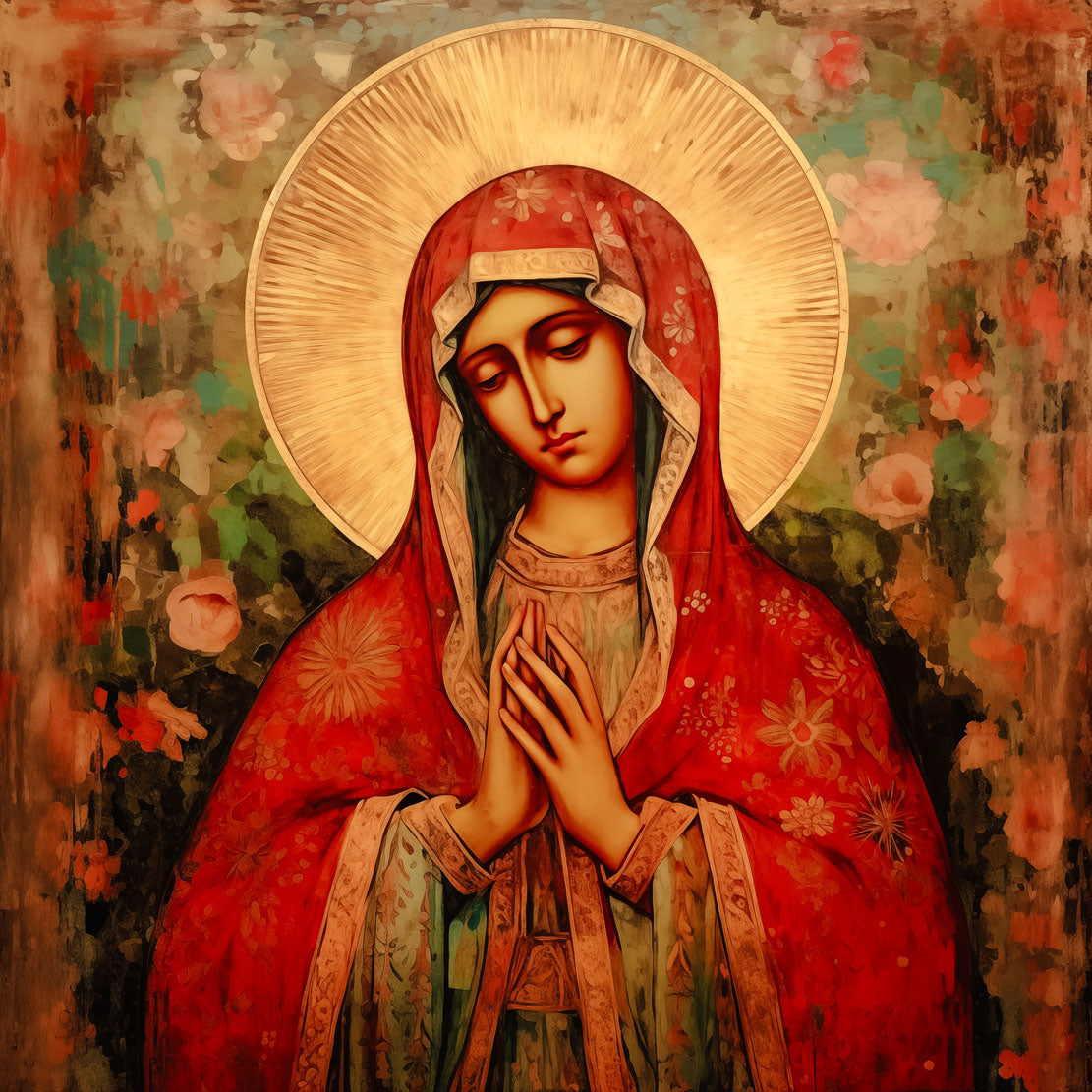 Pearl Print - Mother of God of Tenderness with red mantle Icon