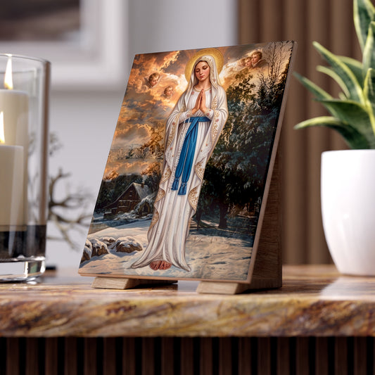 Our Lady of Banneux Ceramic Devotional Tile (6×8 inches) Belgium - The Virgin of the Poor
