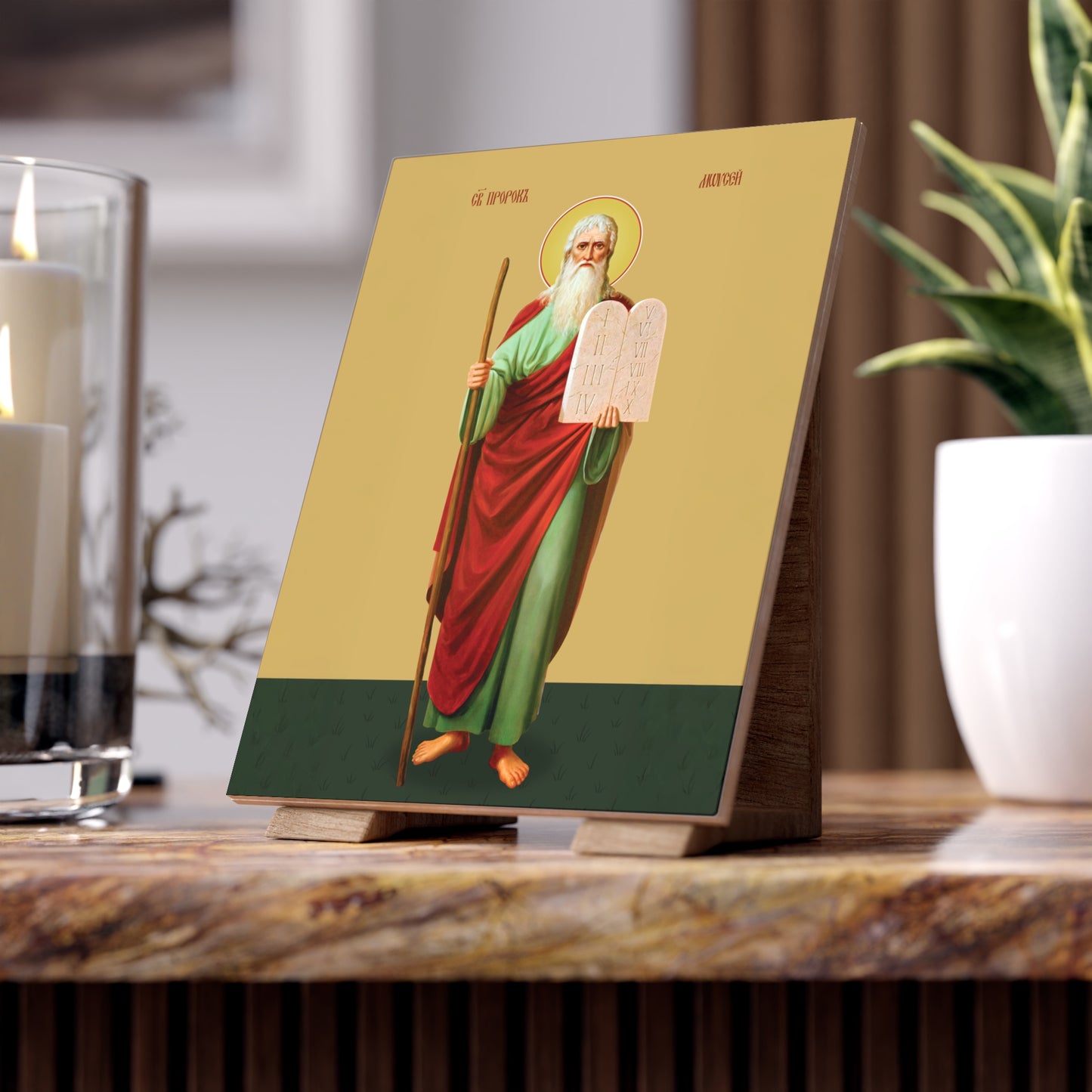 Prophet Moses (Moshe Rabbenu) — Lawgiver Icon with Ten Commandments on 6x8 Ceramic Tile