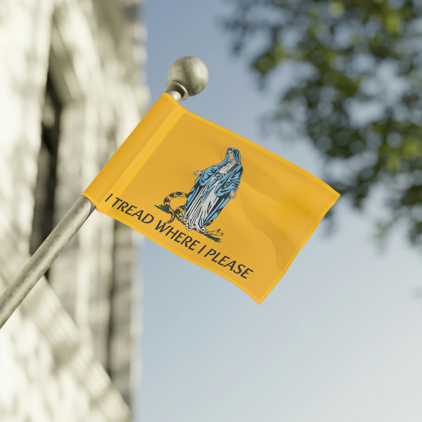 I Tread Where I Please Indoor or Outdoor house flag Horizontal - Gadsden flag - Catholic Flag - Virgin Mary - Our Lady