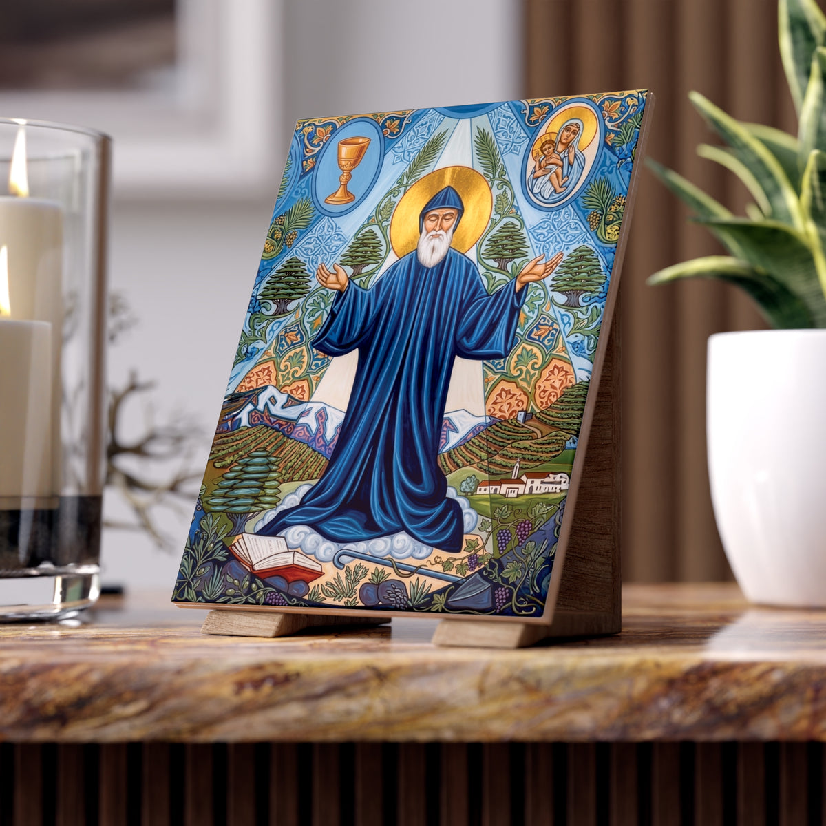 Saint Charbel Makhlouf Devotional Ceramic Icon Tile (6×8 inches)