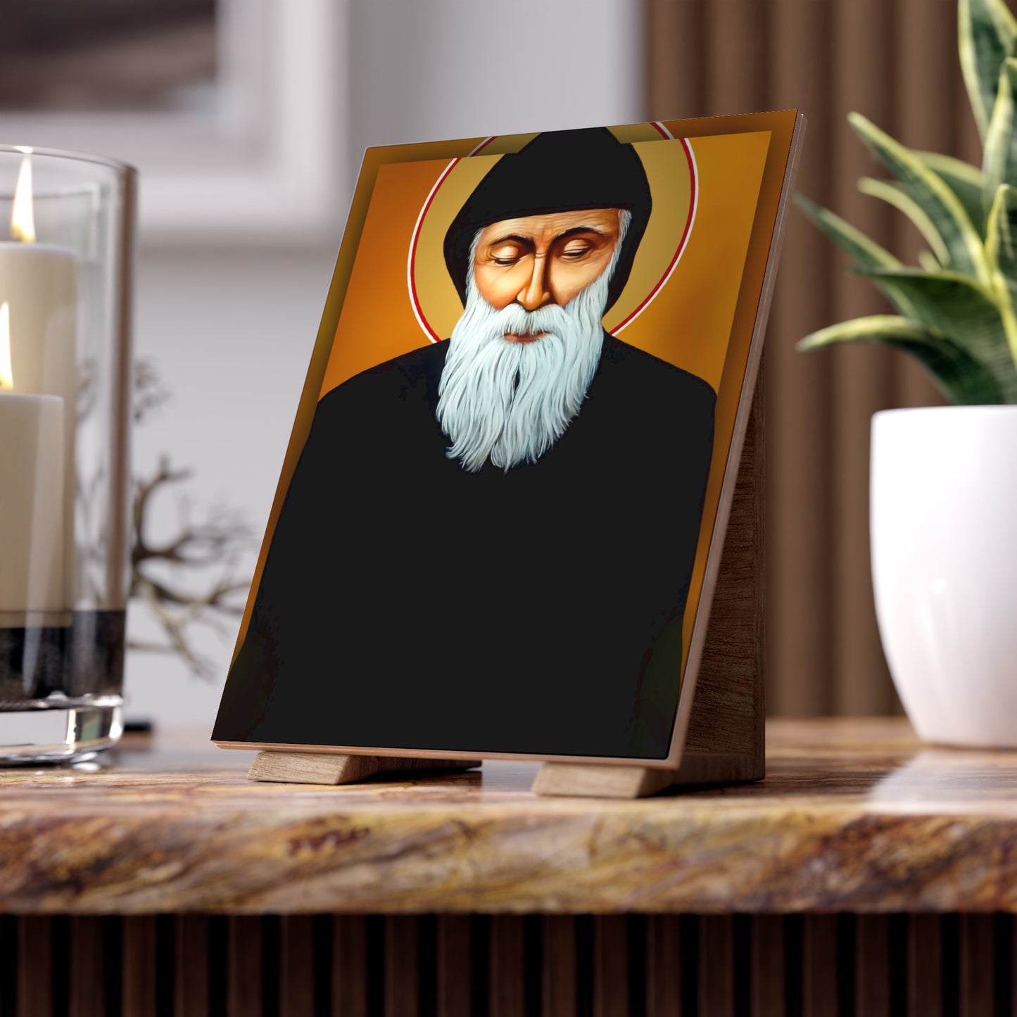 St Charbel, brilliant gem of sanctity Ceramic Icon Tile Size 6"x8"