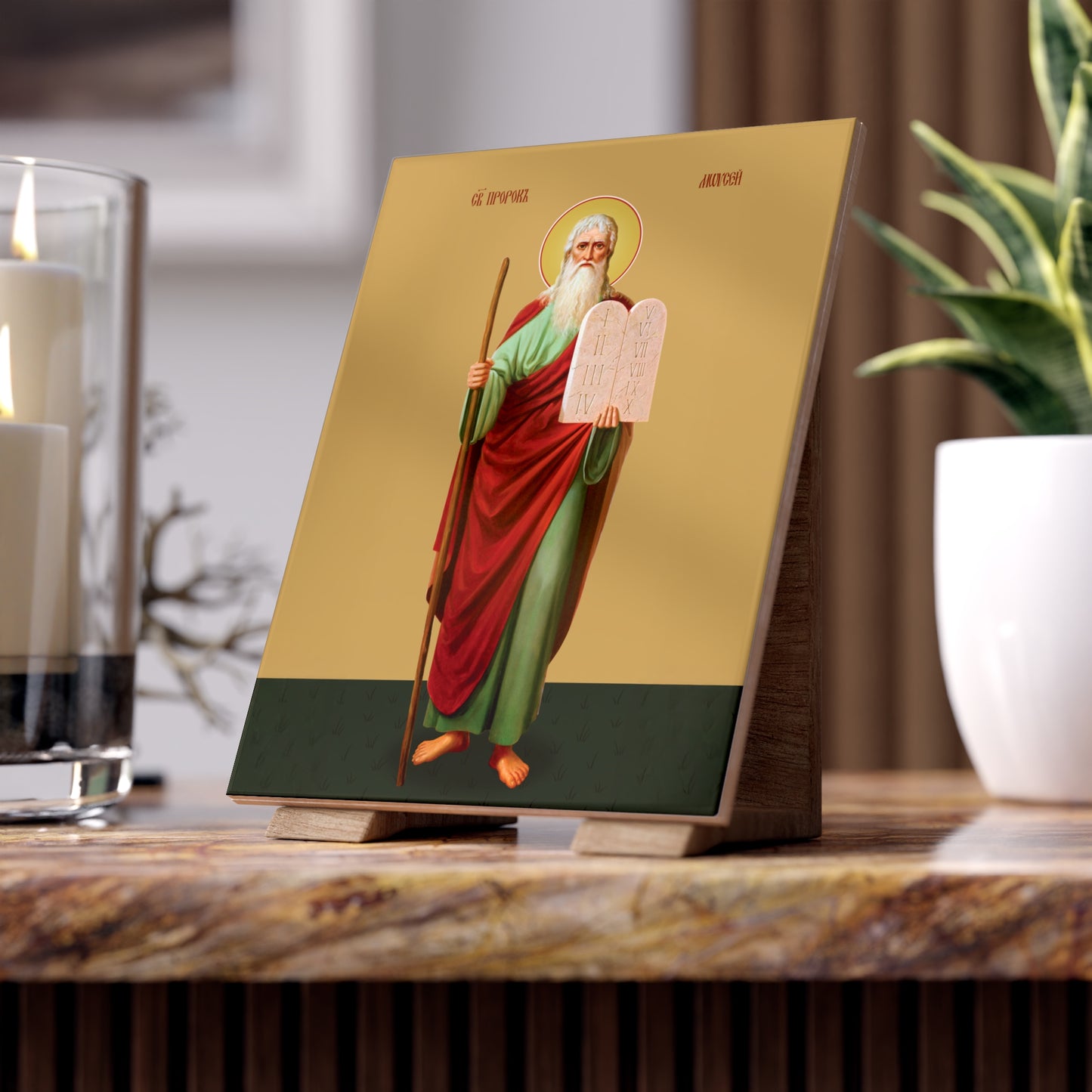 Prophet Moses (Moshe Rabbenu) — Lawgiver Icon with Ten Commandments on 6x8 Ceramic Tile