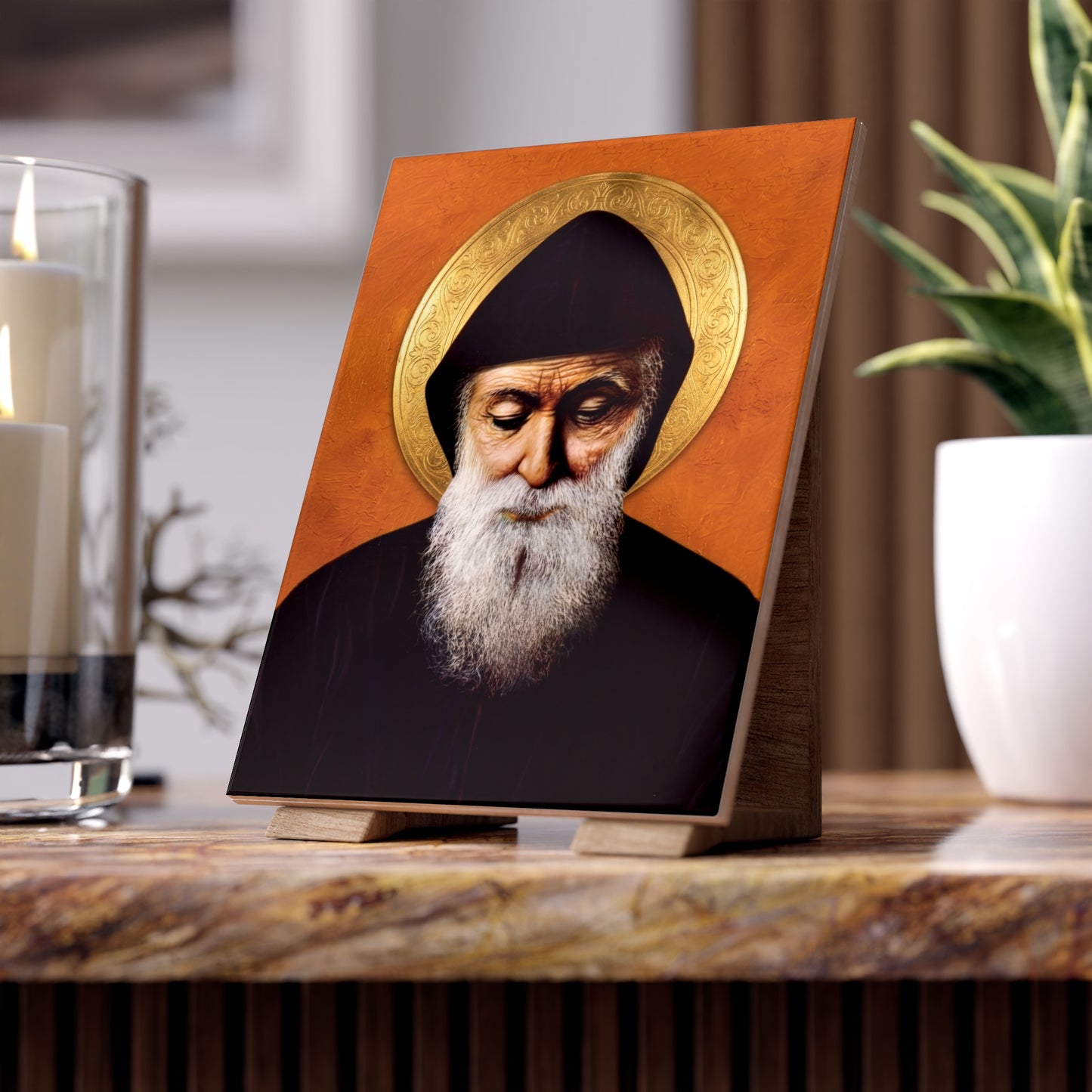 Mar Charbel Icon - Image on Ceramic Tile (6×8) Orange Background Maronite Catholic Saint Monk Sharbel from Lebanon Classic Devotion