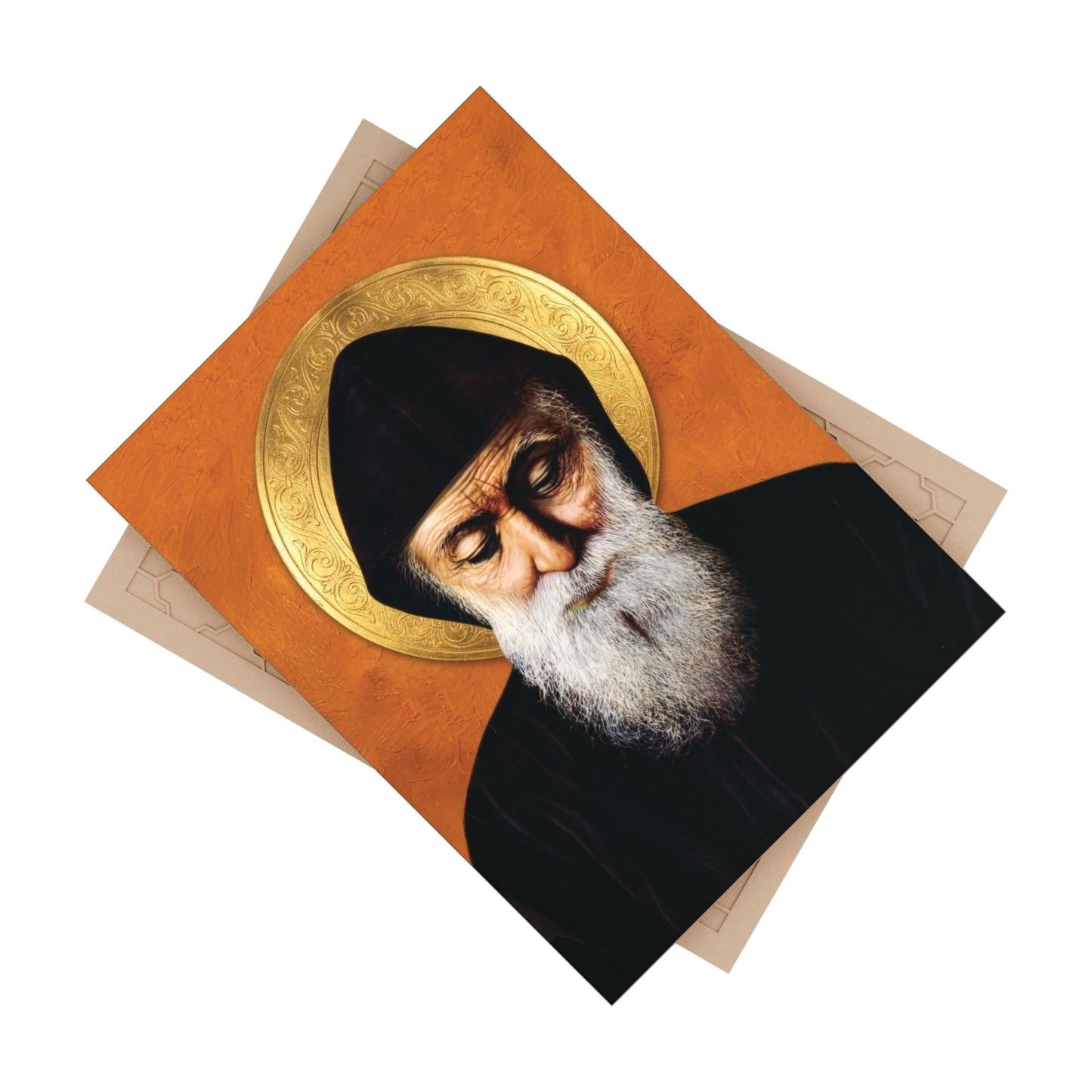 Mar Charbel Icon - Image on Ceramic Tile (6×8) Orange Background Maronite Catholic Saint Monk Sharbel from Lebanon Classic Devotion
