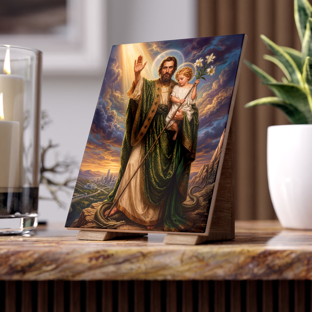 Saint Joseph, Terror of Demons & Guardian of Souls Ceramic Devotional Tile (6×8 inches)
