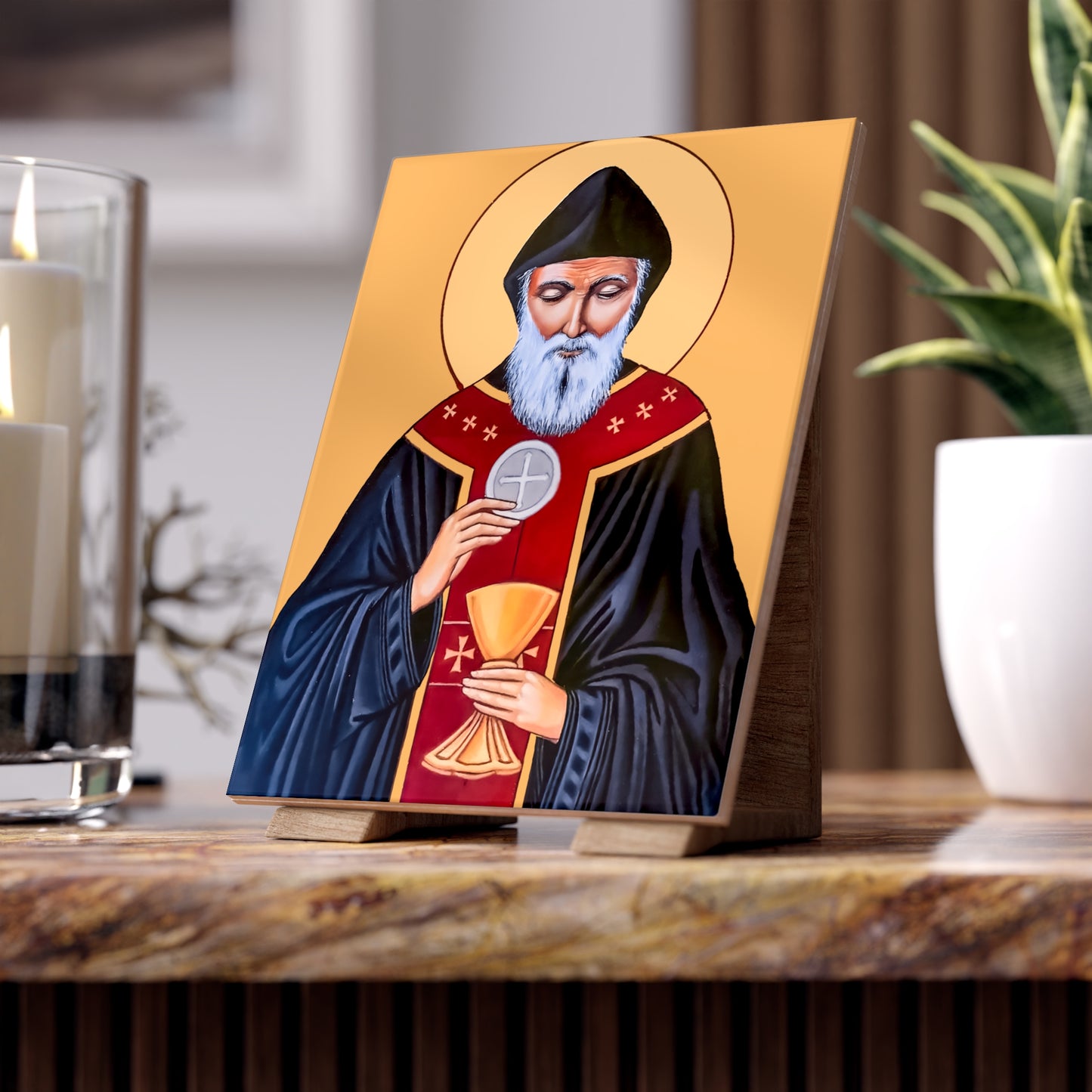 St Charbel, fragrant incense from the cedars of Lebanon Ceramic Icon Tile Size 6"x8"