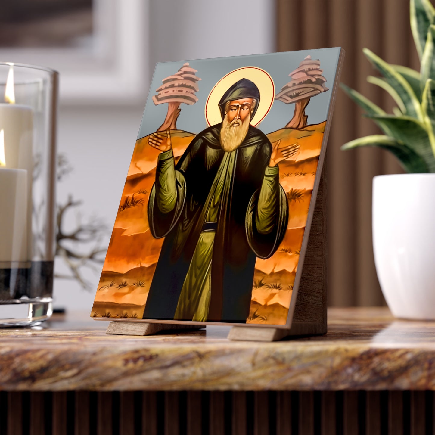 St Charbel, thirsting for the salvation of soulsCeramic Icon Tile Size 6"x8"