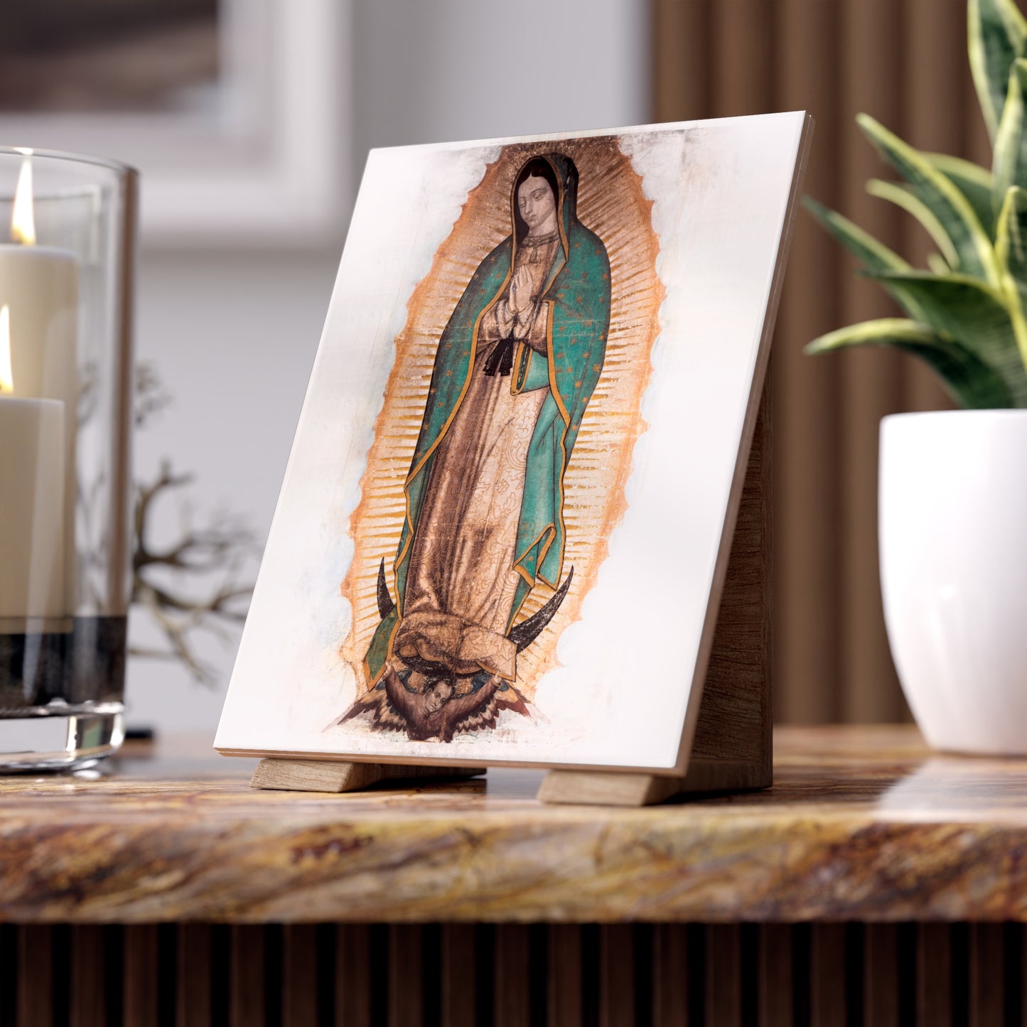 Our Lady of Guadalupe Virgin Mary Devotion Empress of the Americas Patroness of Latin America Queen of Mexico Ceramic Icon Tile Size 6"x8"