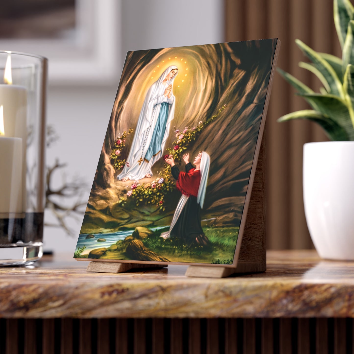 Our Lady of Lourdes and Saint Bernadette Ceramic Devotional Tile (6×8 inches) France