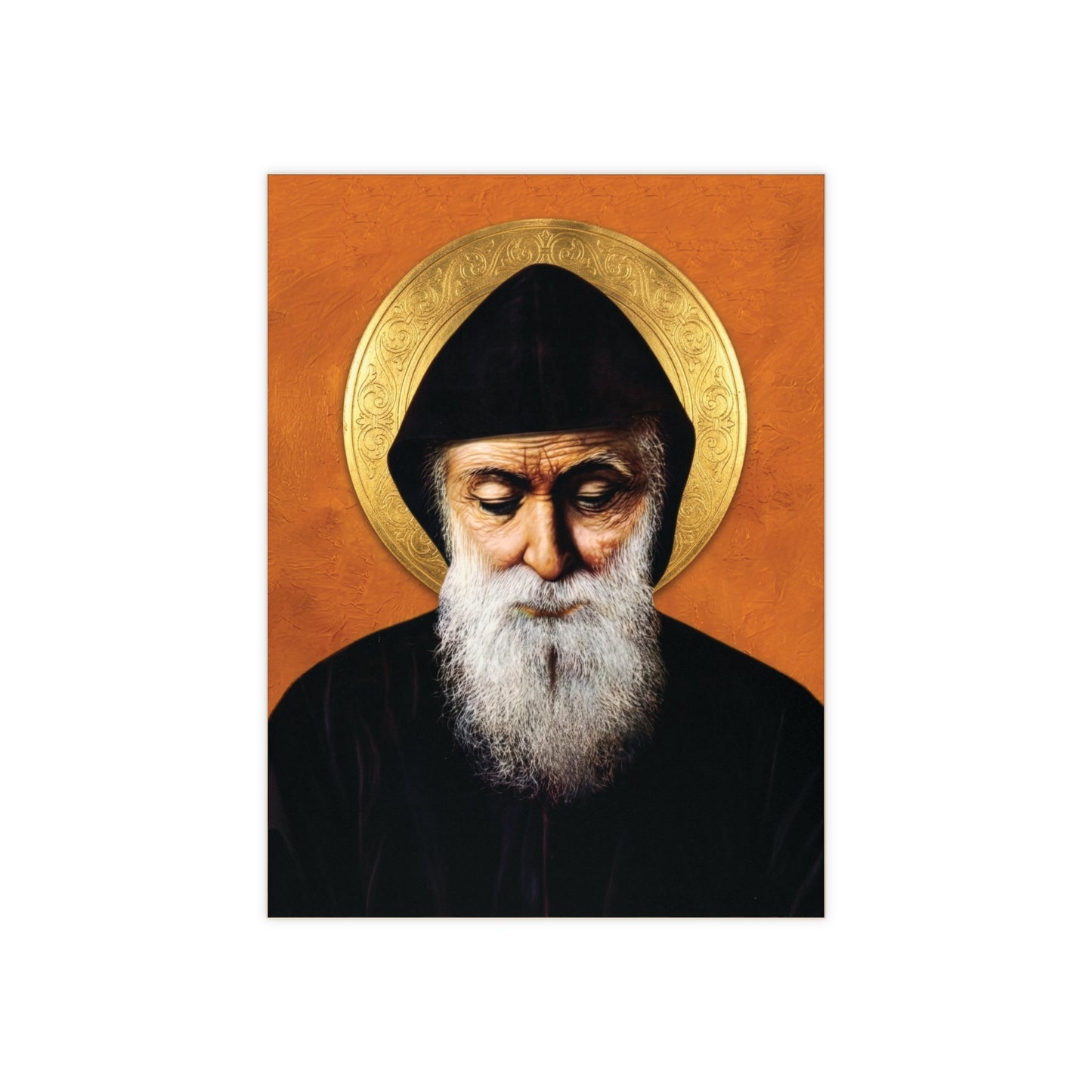 Mar Charbel Icon - Image on Ceramic Tile (6×8) Orange Background Maronite Catholic Saint Monk Sharbel from Lebanon Classic Devotion