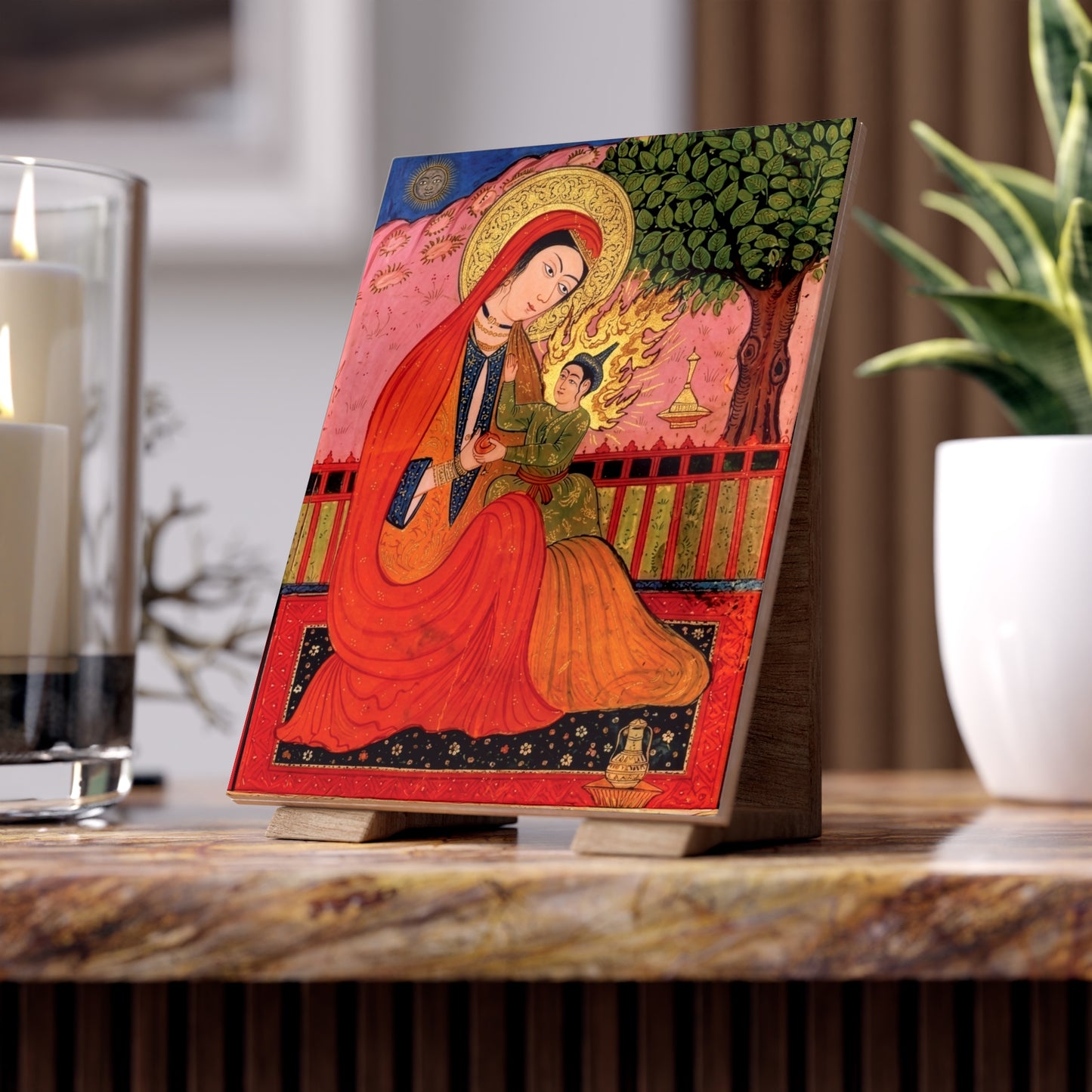 16th-Century Persian Miniature Madonna and Child Devotional Ceramic Tile (6×8 inches)