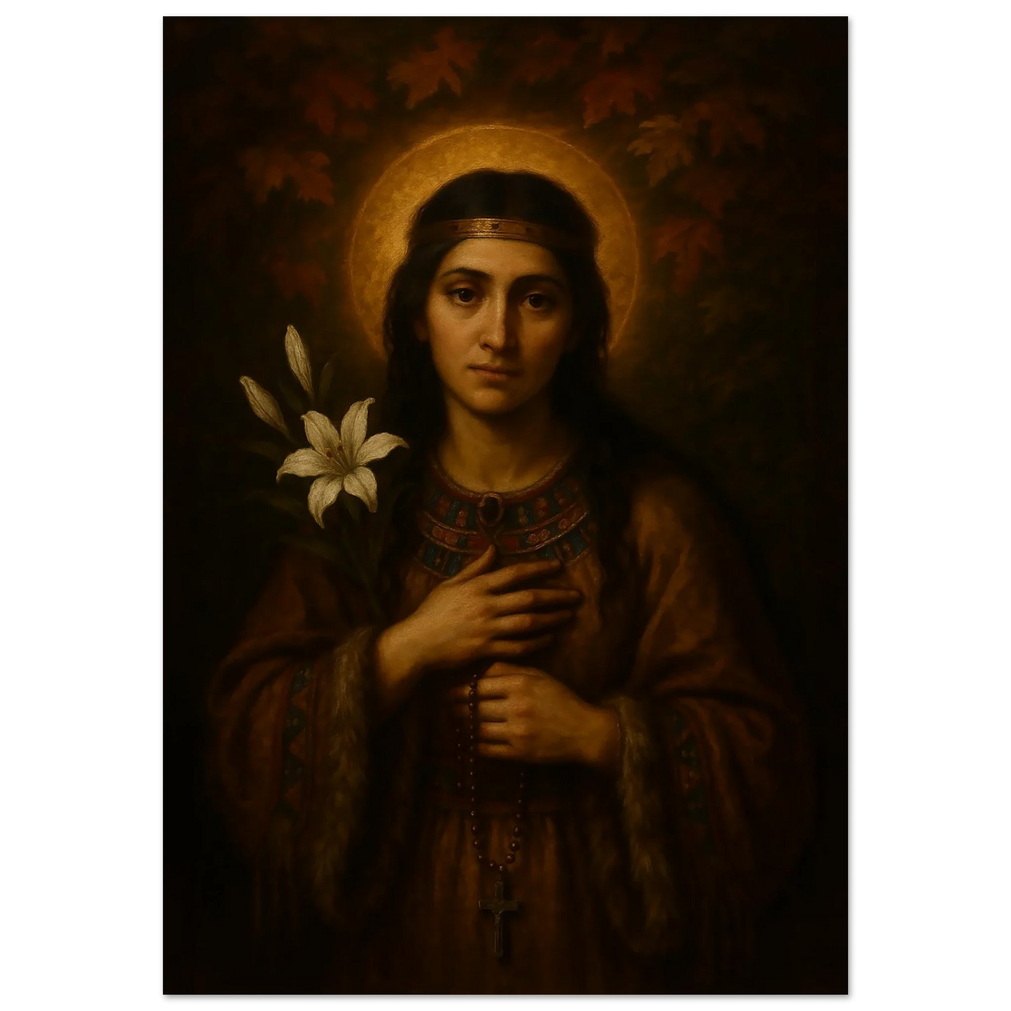 Pearl Print - Baroque Oil-Style Icon of Saint Kateri Tekakwitha