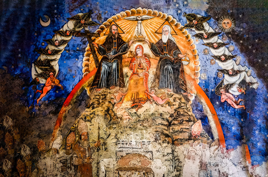 Fresco in Deir Qannoubine monastery church in the Qadisha (Kadisha) Holy Valley in Nortern Lebanon. Wood Icons