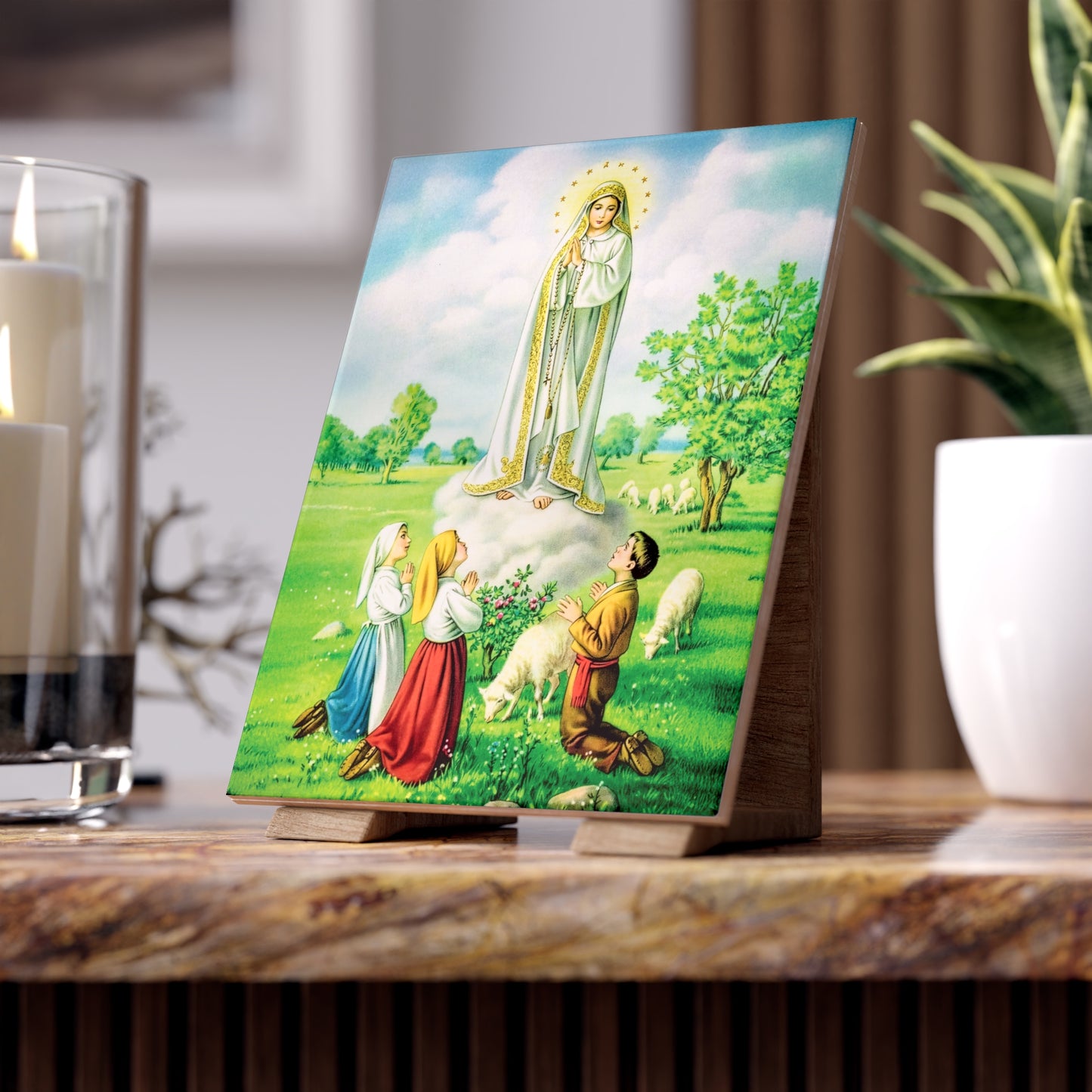 Our Lady of Fatima Apparition with the Shepherd Children – Catholic Marian Image on Ceramic Tile (6×8)