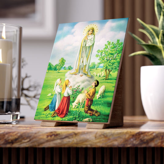 Our Lady of Fatima Apparition with the Shepherd Children – Catholic Marian Image on Ceramic Tile (6×8)