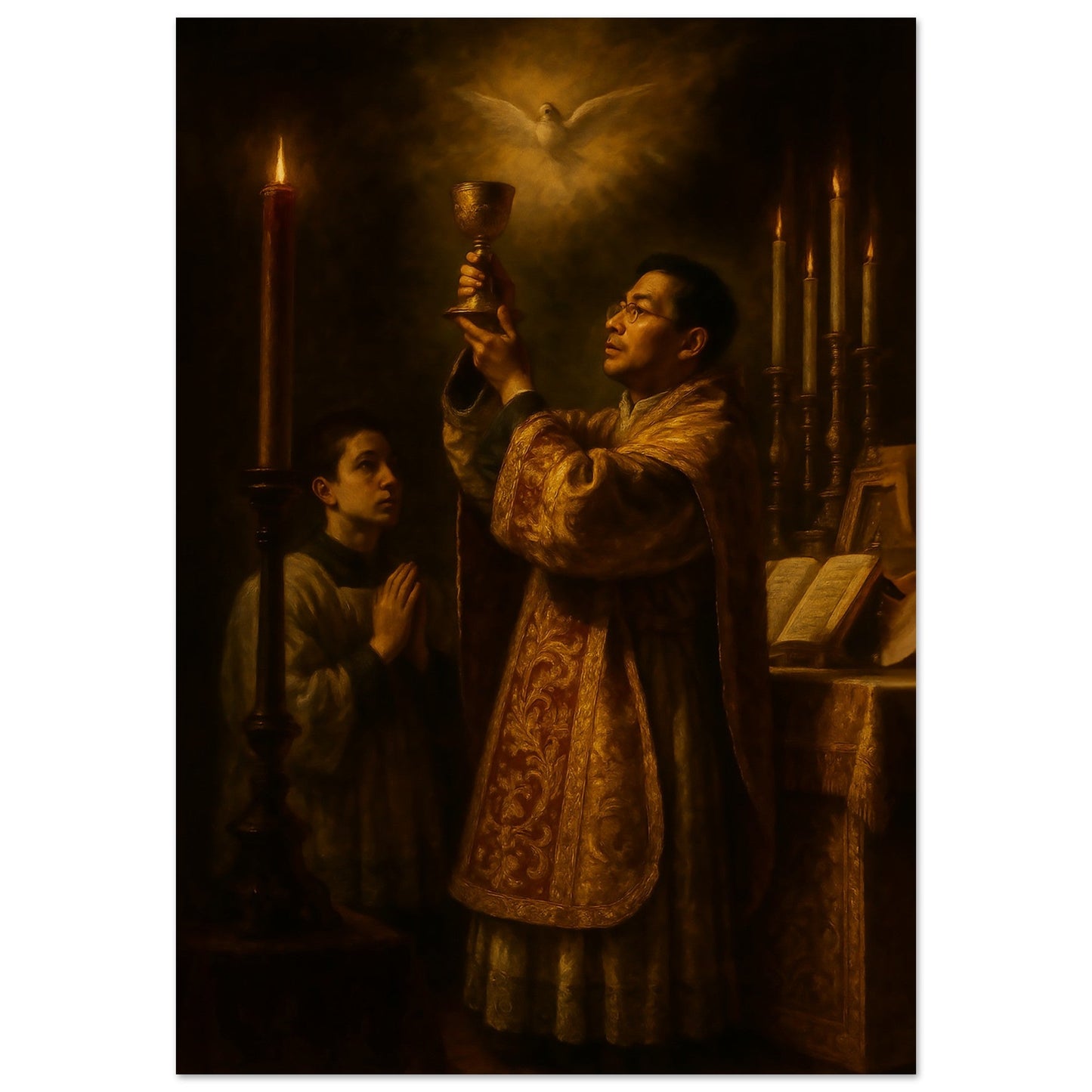 Pearl Print - Print - Baroque Mass with Priest and Dove - Traditional Latin Rite Artwork