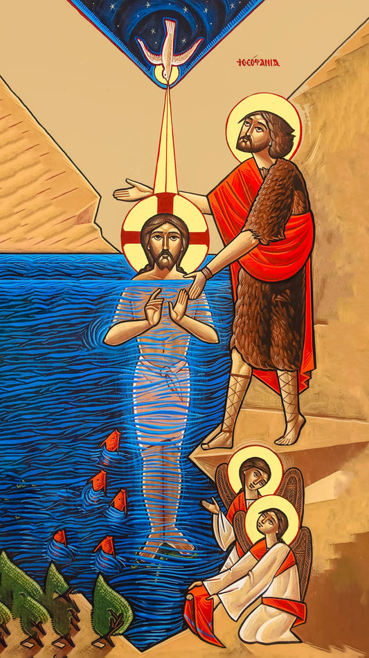 Theophany; Jesus Christ's baptism in the Jordan River by John the Baptist; coptic iconography - Wood Icon Plaque