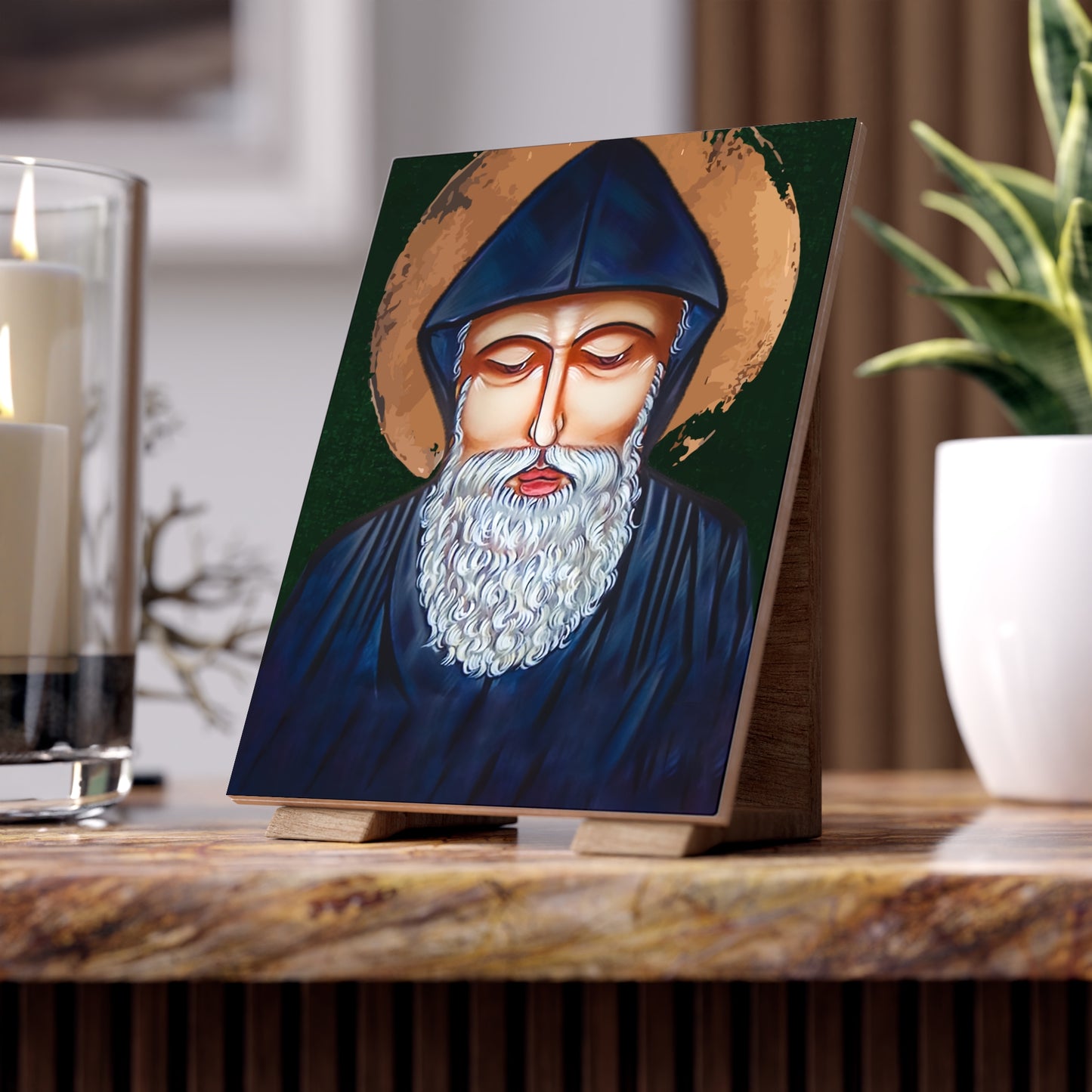 St Charbel, light of the Church - Ceramic Icon Tile Size 6"x8"