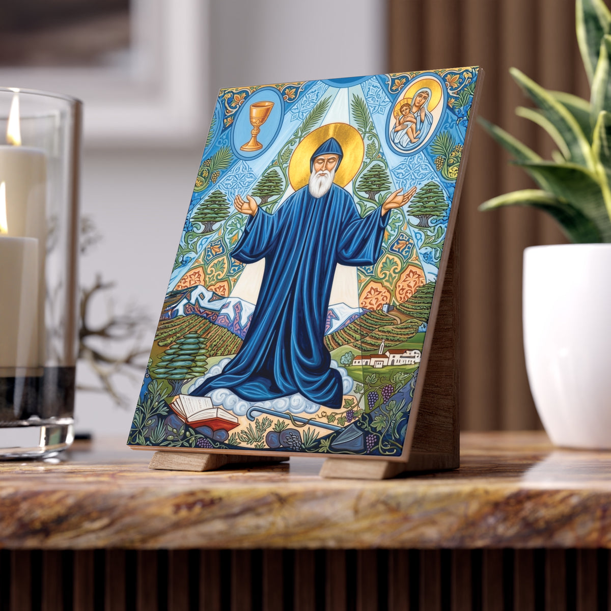 Saint Charbel Makhlouf Devotional Ceramic Icon Tile (6×8 inches)