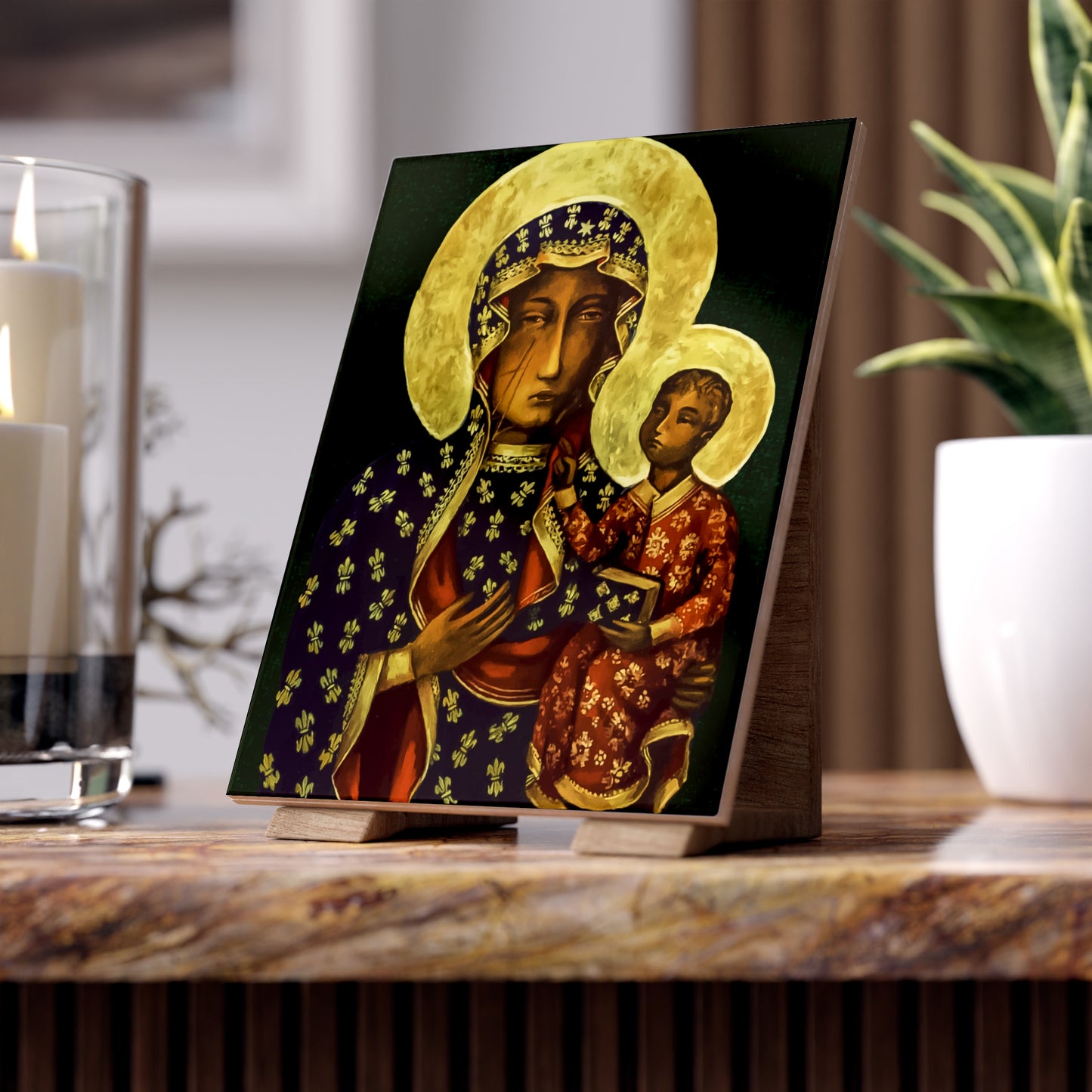 Black Madonna of Częstochowa (Polish: Czarna Madonna z Częstochowy) Ceramic Icon Tile Size 6" × 8"