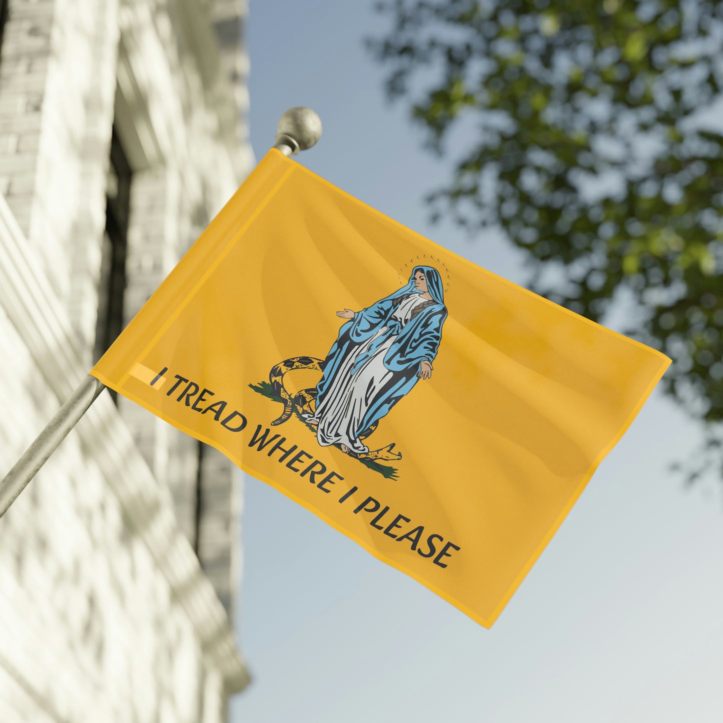 I Tread Where I Please Indoor or Outdoor house flag Horizontal - Gadsden flag - Catholic Flag - Virgin Mary - Our Lady