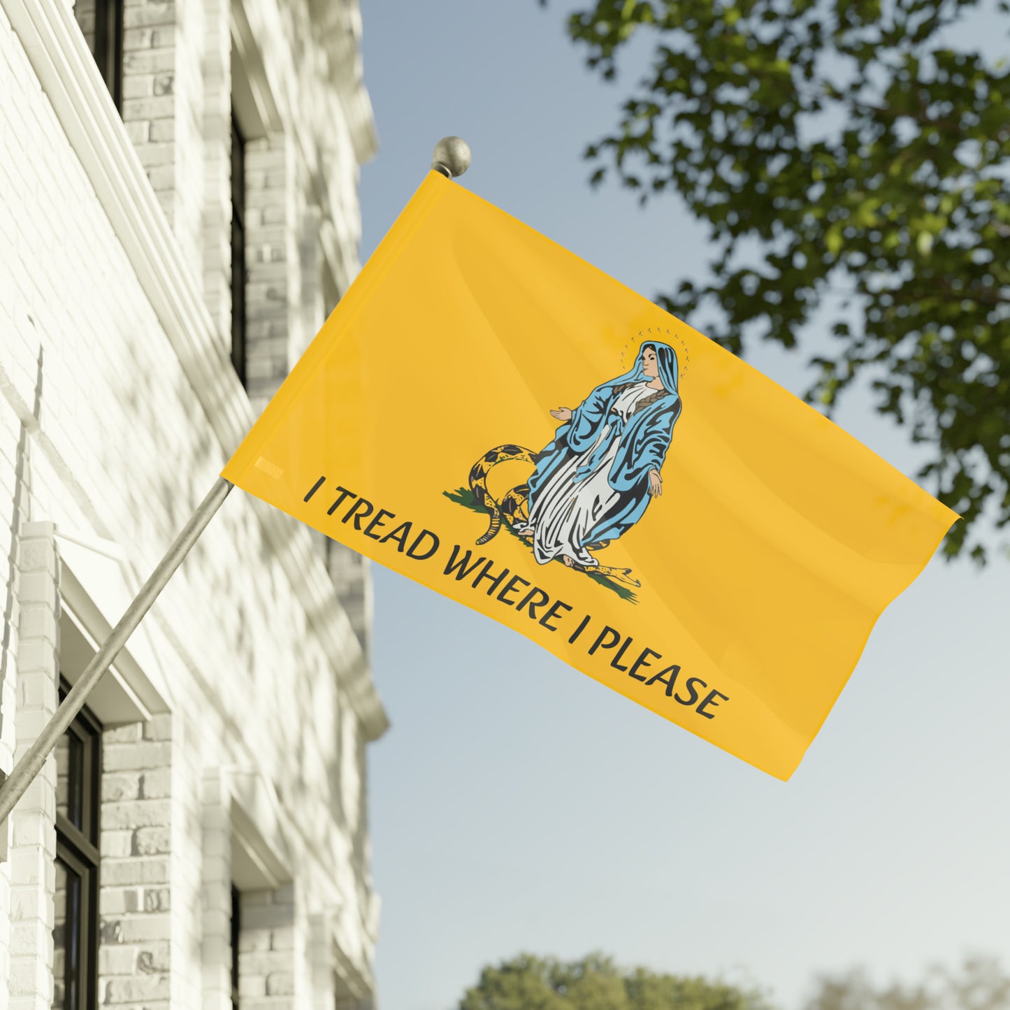 I Tread Where I Please Indoor or Outdoor house flag Horizontal - Gadsden flag - Catholic Flag - Virgin Mary - Our Lady