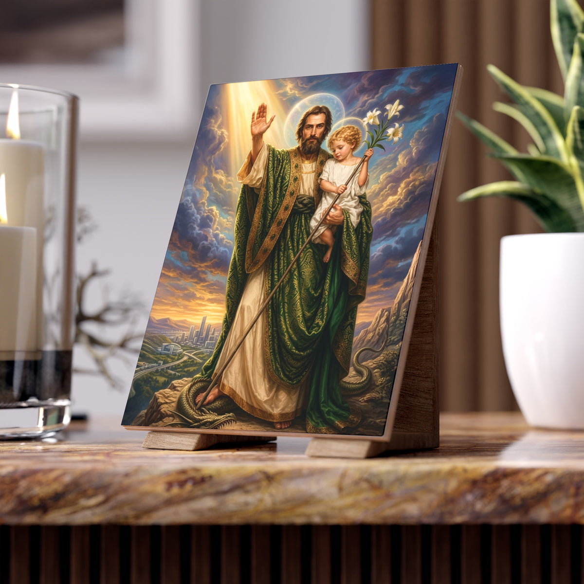 Saint Joseph, Terror of Demons & Guardian of Souls Ceramic Devotional Tile (6×8 inches)