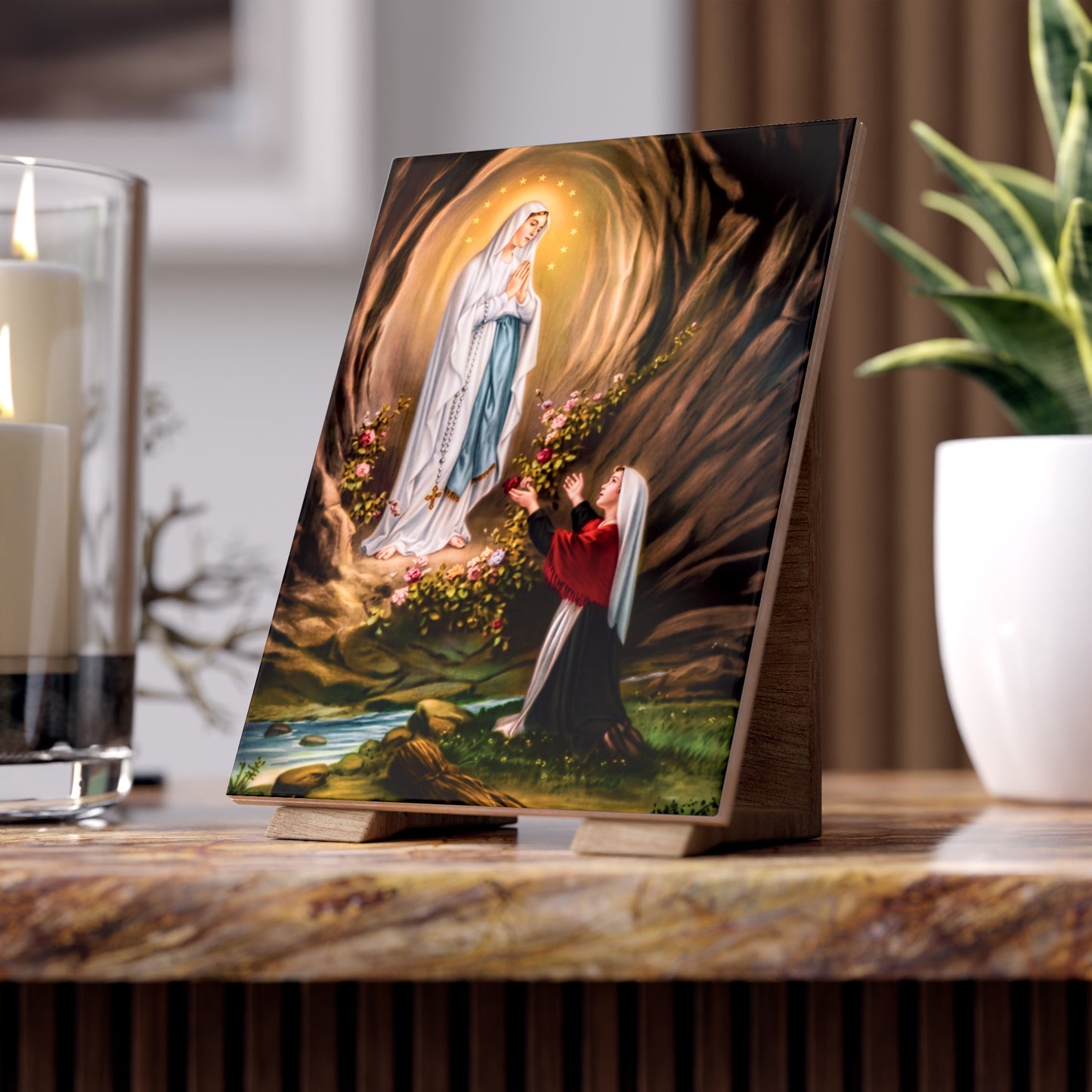 Our Lady of Lourdes and Saint Bernadette Ceramic Devotional Tile (6×8 inches) France
