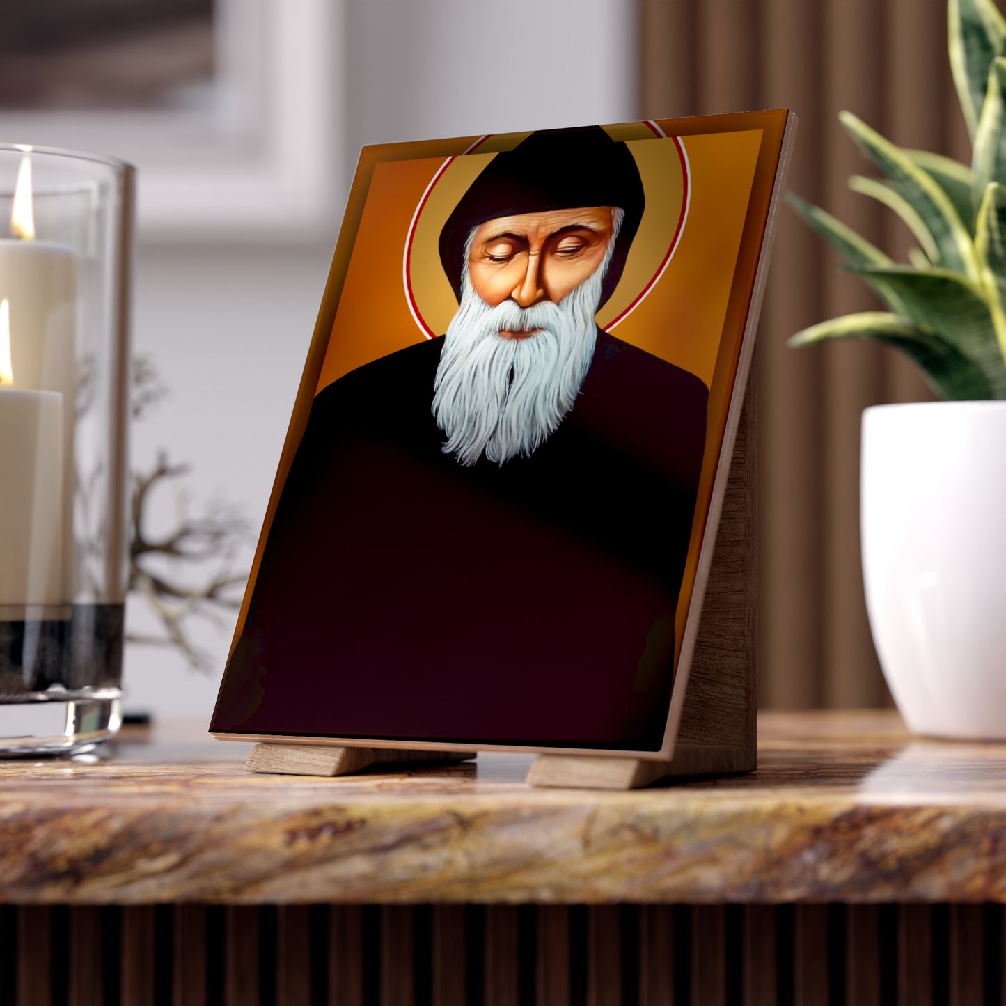 St Charbel, brilliant gem of sanctity Ceramic Icon Tile Size 6"x8"