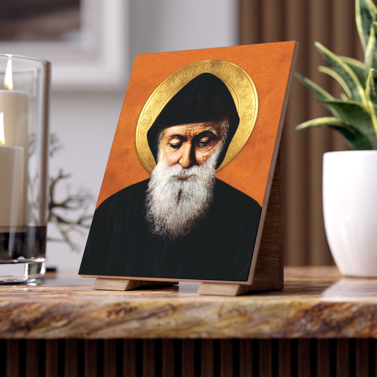 Mar Charbel Icon - Image on Ceramic Tile (6×8) Orange Background Maronite Catholic Saint Monk Sharbel from Lebanon Classic Devotion