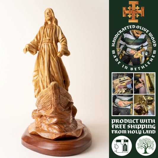 Jesus Christ miracle of the Fisherman masterpiece, hand carved in the Holy Land Olive Wood
