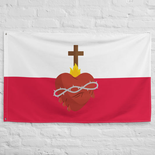 The flag of Poland with Sacred Heart of Jesus  Flag ✠ 34½ x 56 inches (87.6x142.2 cm)