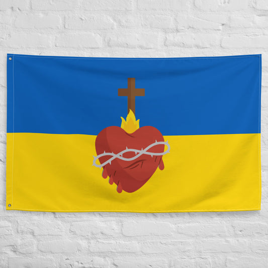 The flag of Ukraine with the Sacred Heart of Jesus  Flag ✠ 34½ x 56 inches (87.6x142.2 cm)