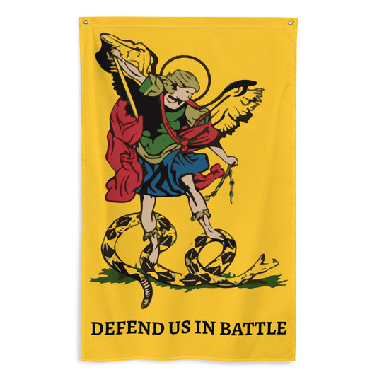 Holy Michael, the Archangel, defend us in battle. Flag - Gadsden flag - Catholic Flag Vertical  - 34½ x 56 inches (87.6x142.2 cm)