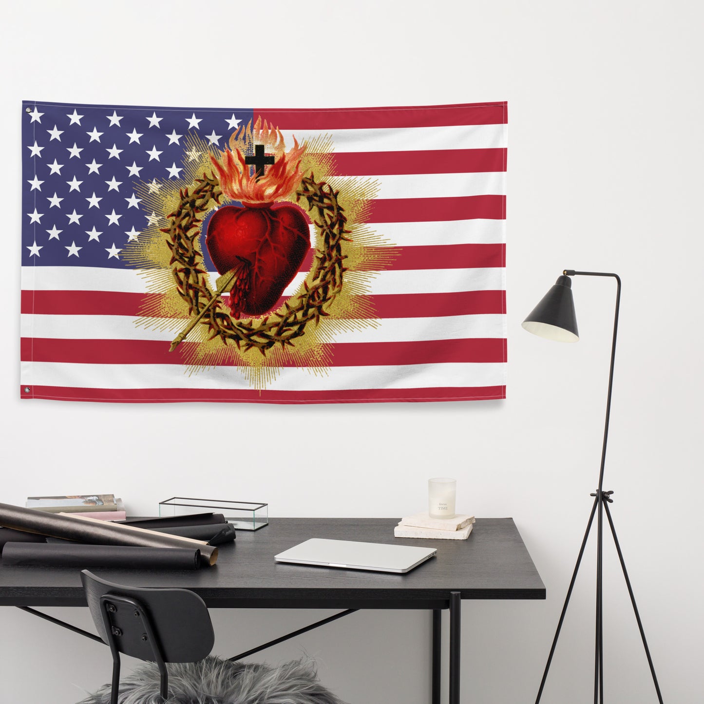 USA Sacred Heart American Flag horizontal ✠ 34½ x 56 inches (87.6x142.2 cm)