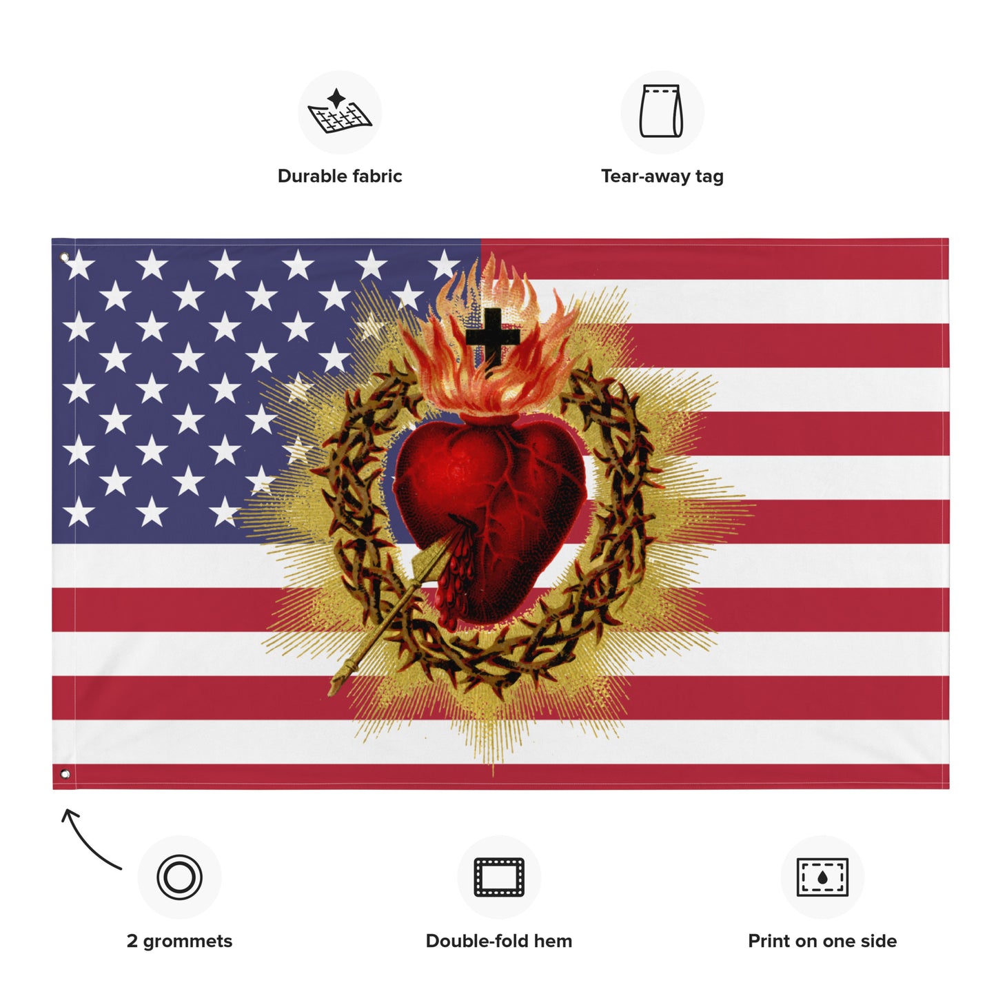 USA Sacred Heart American Flag horizontal ✠ 34½ x 56 inches (87.6x142.2 cm)