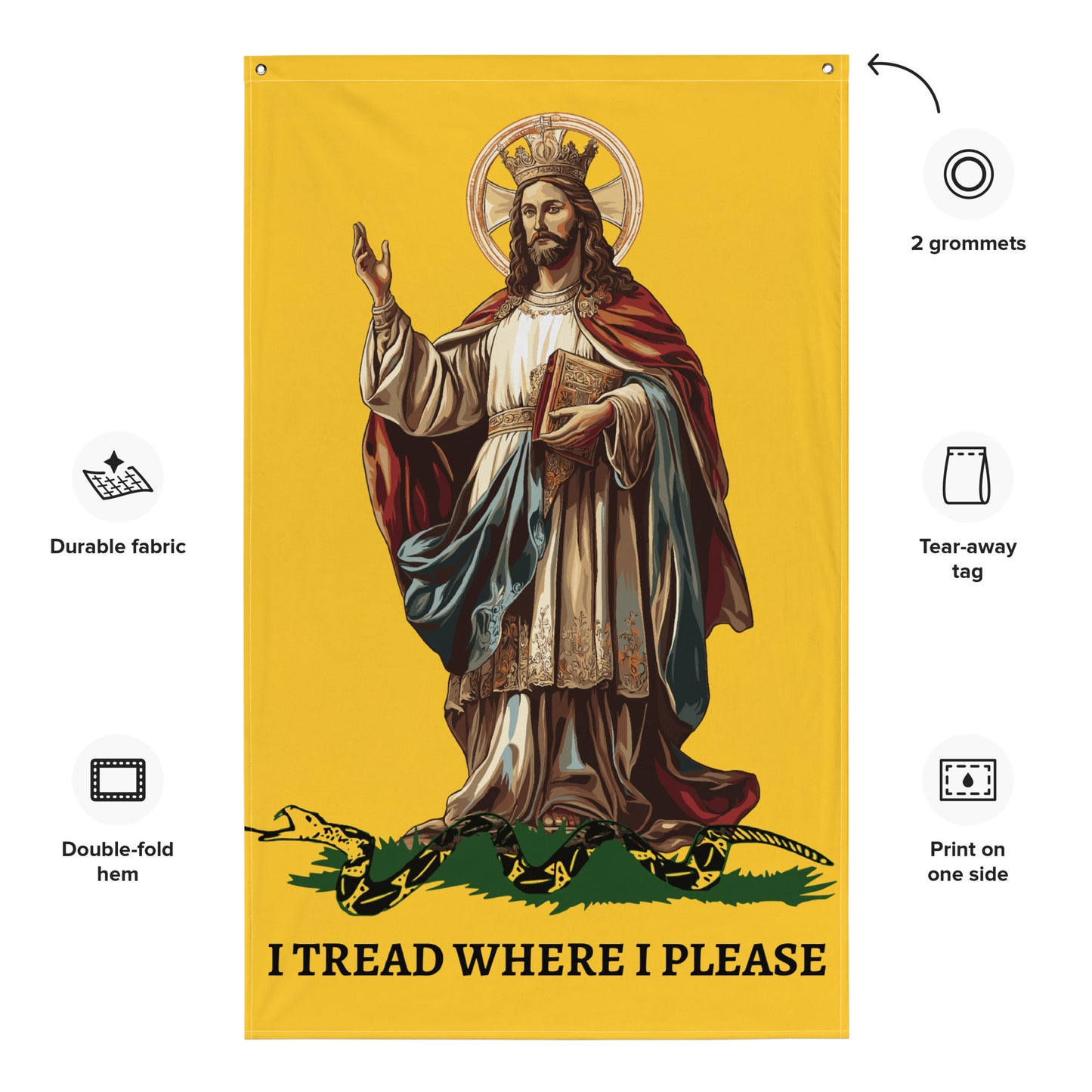 Christ Our King - I TREAD WHERE I PLEASE  Flag Vertical Gadsden Flag Christian  Jesus King our Lord  - 34½ x 56 inches (87.6x142.2 cm)