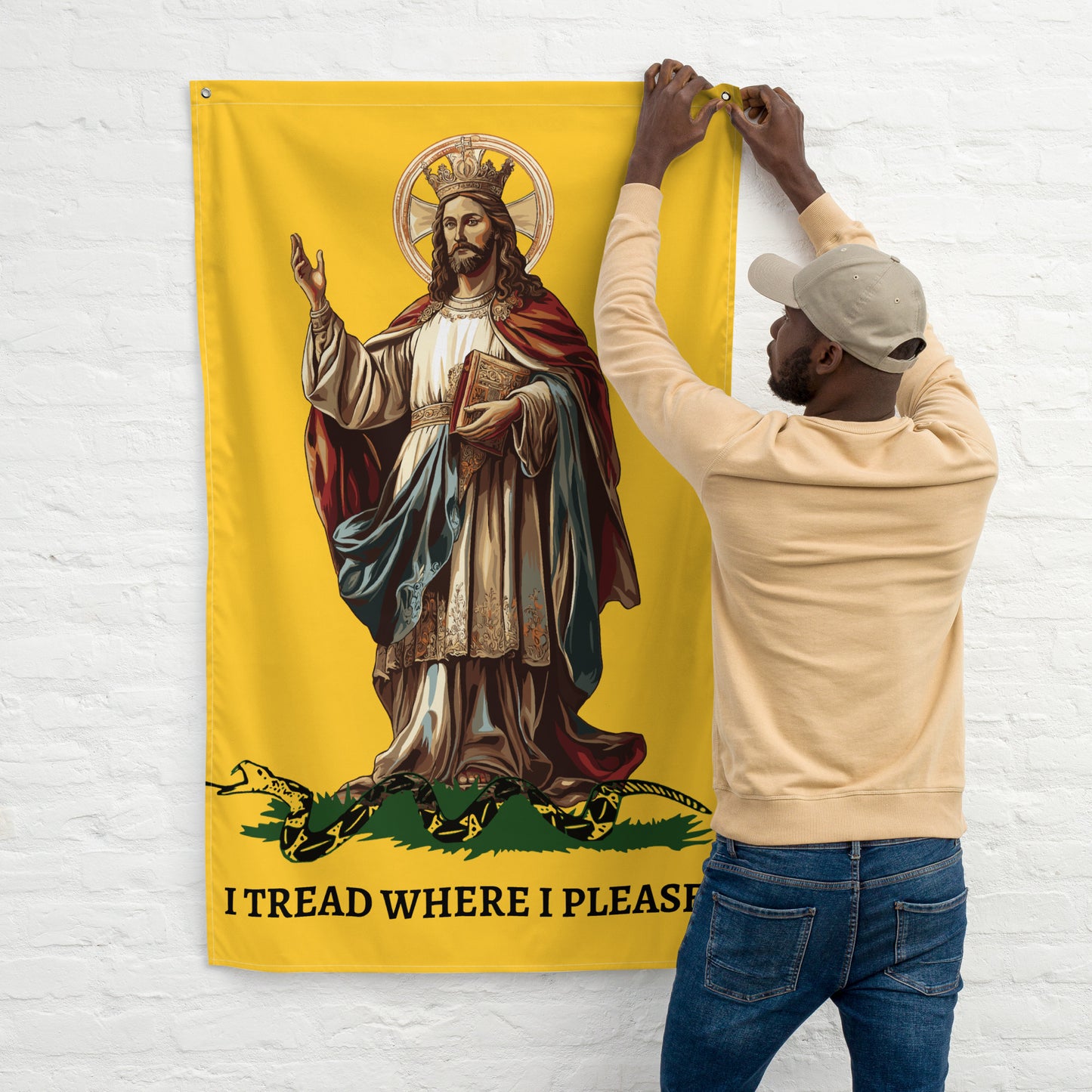 Christ Our King - I TREAD WHERE I PLEASE  Flag Vertical Gadsden Flag Christian  Jesus King our Lord  - 34½ x 56 inches (87.6x142.2 cm)