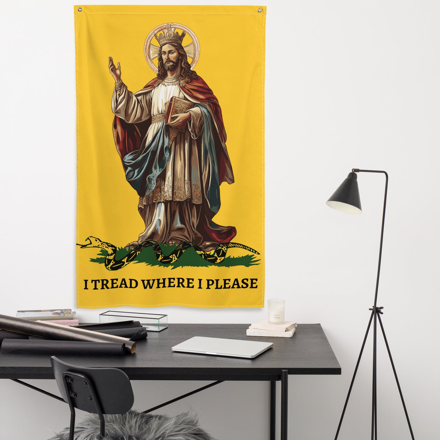 Christ Our King - I TREAD WHERE I PLEASE  Flag Vertical Gadsden Flag Christian  Jesus King our Lord  - 34½ x 56 inches (87.6x142.2 cm)