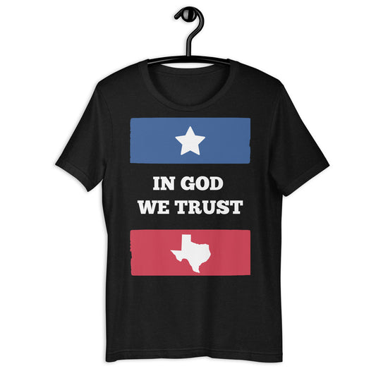 In God We Trust National Motto Don&#39;t Mess With Texas Star and Map red with blue logo Unisex t-shirt